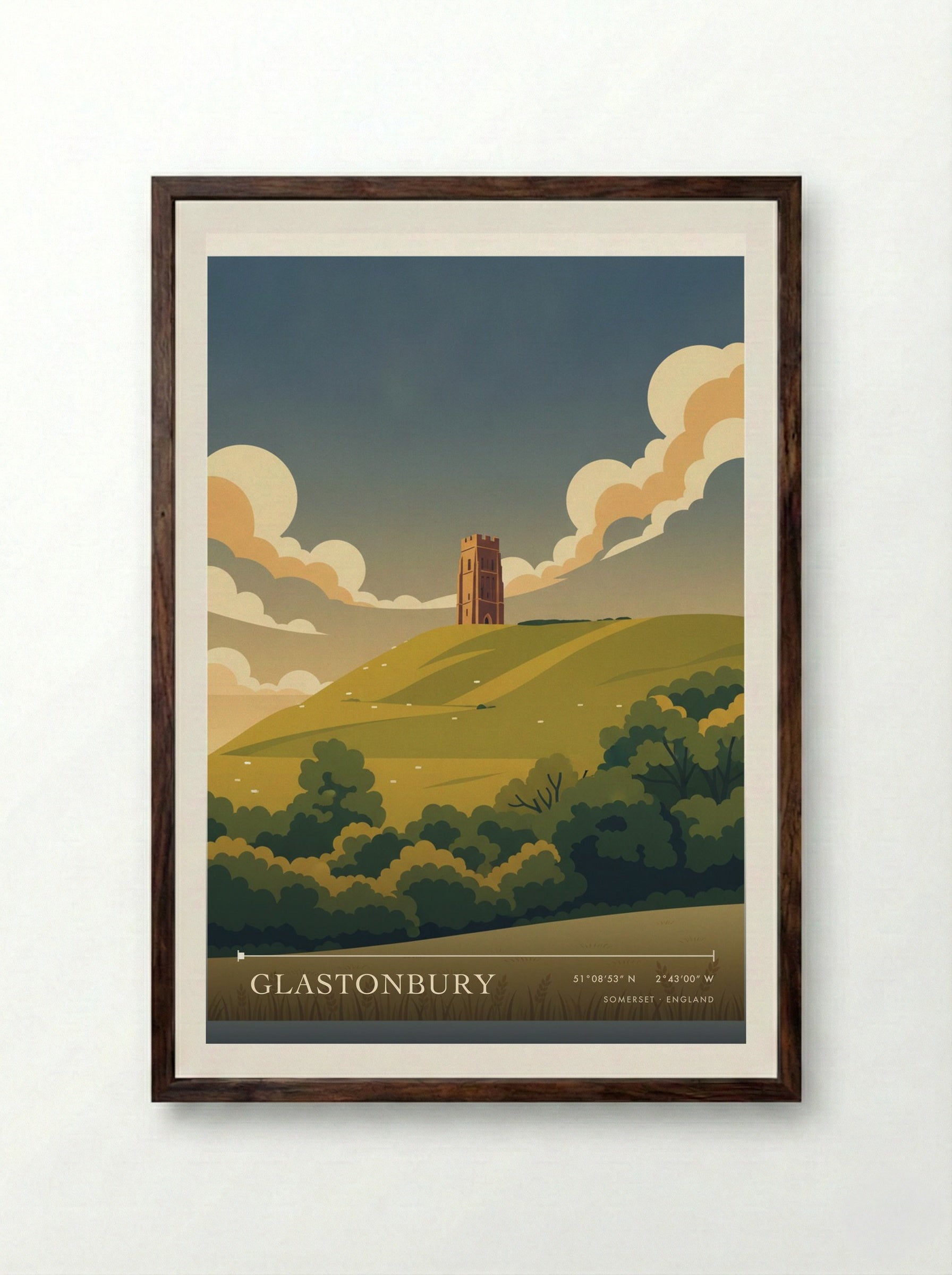 Glastonbury Somerset England Travel Poster - Framed Print Dark Wood