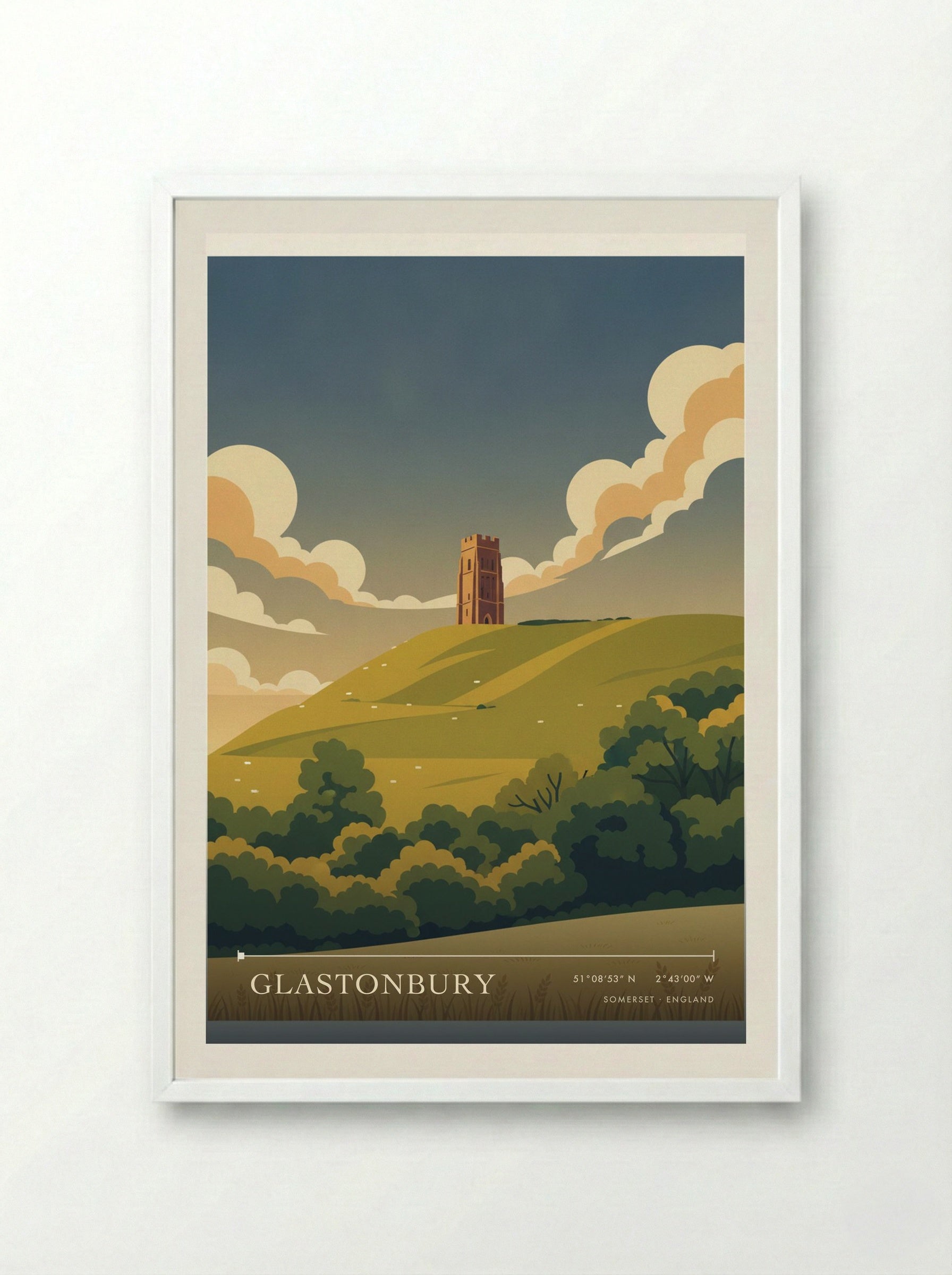 Glastonbury Somerset England Travel Poster - Framed Print White