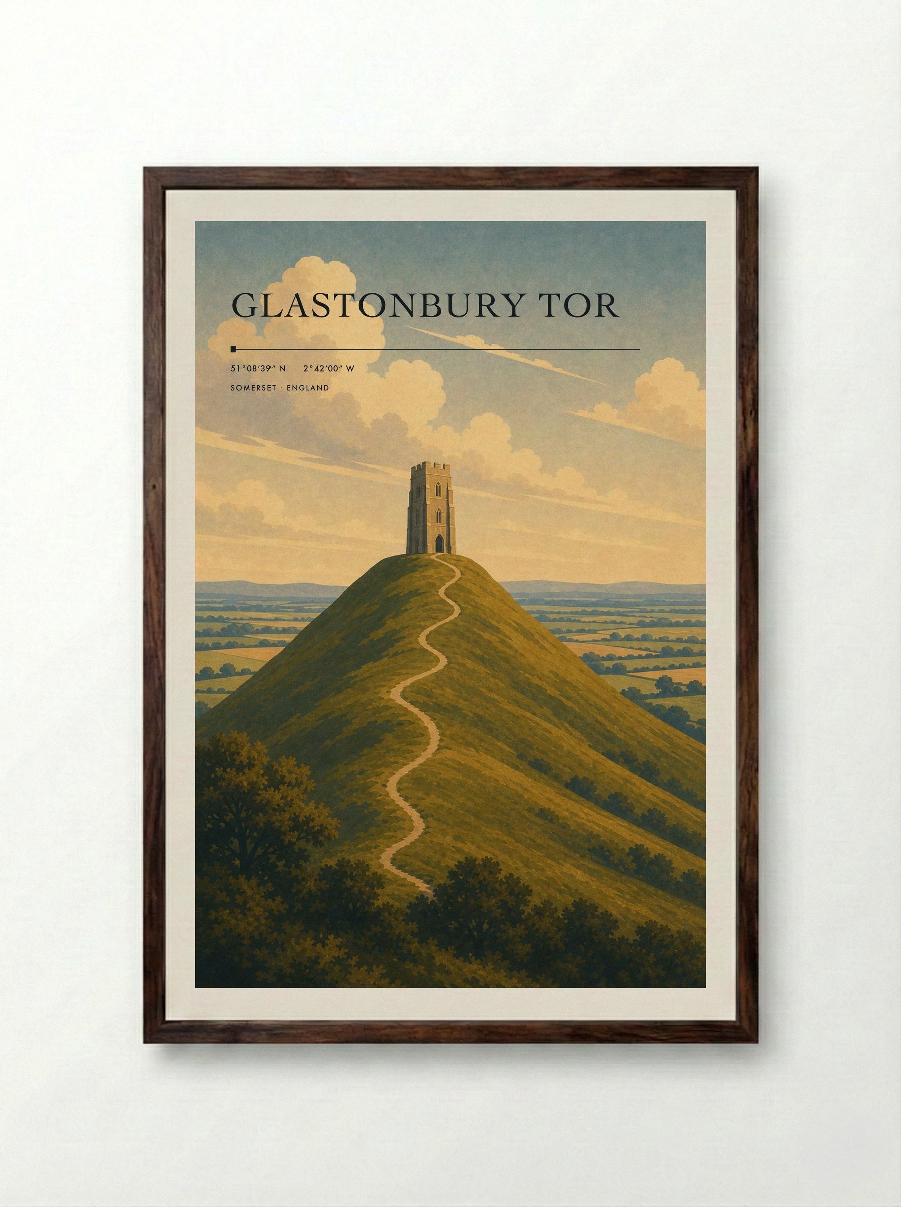 Glastonbury Tor Somerset England Travel Poster - Framed Print Dark Wood