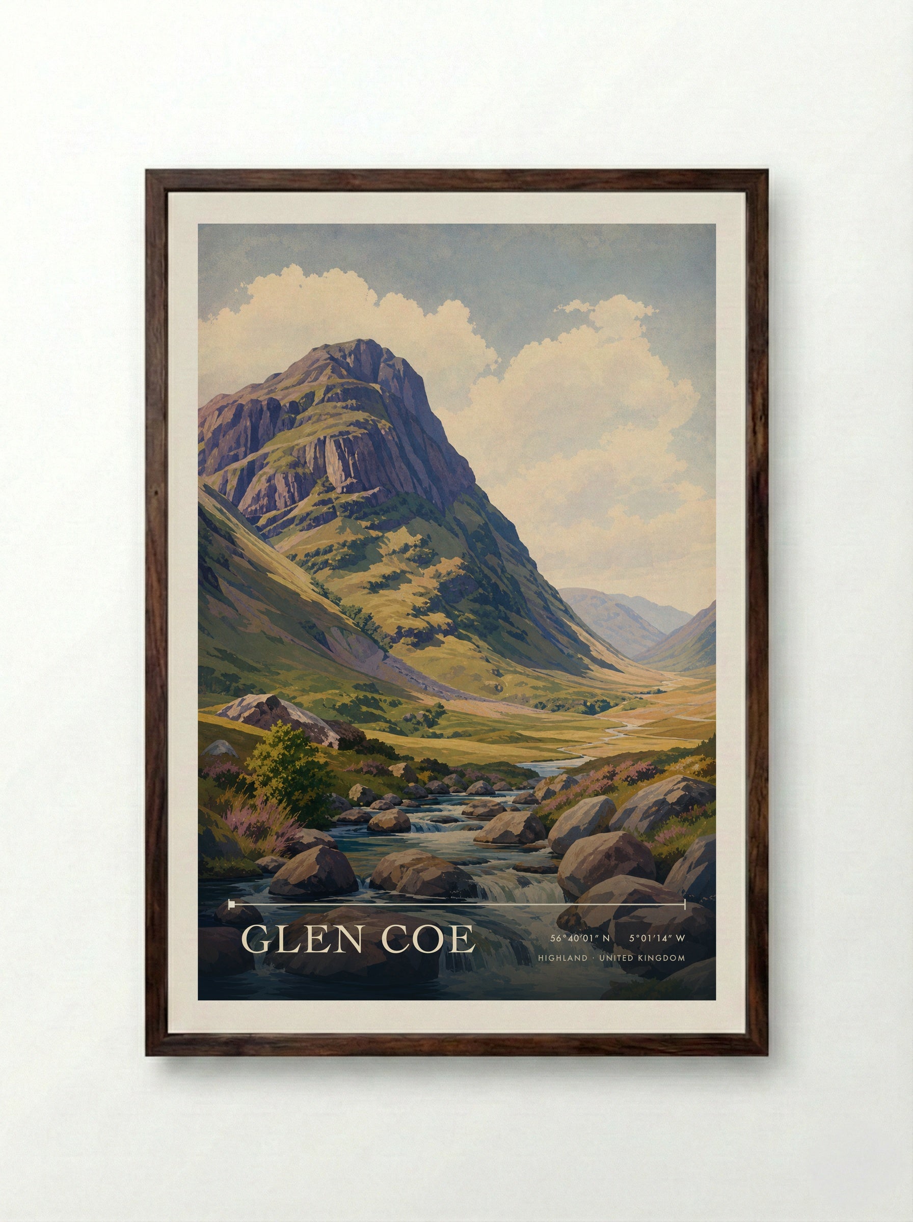Glen Coe Highland United Kingdom Travel Poster - Framed Print Dark Wood