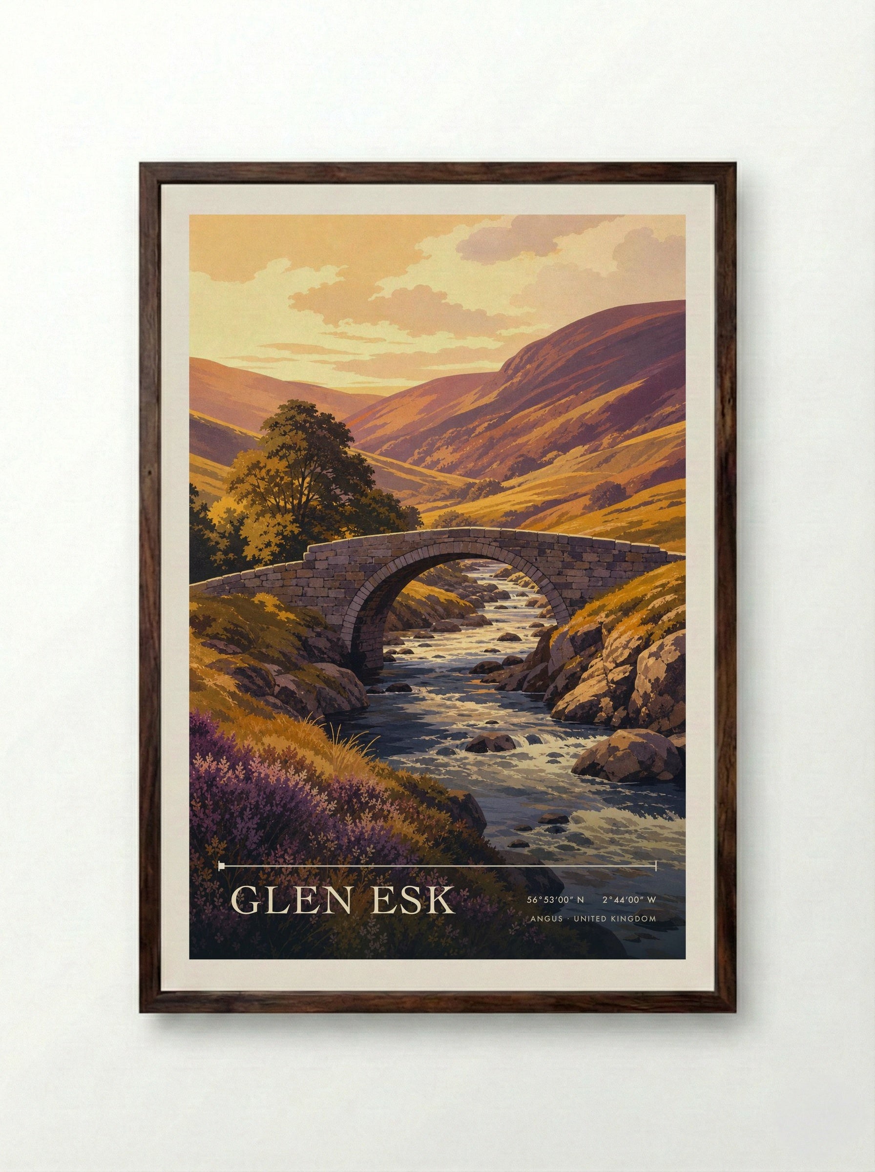 Glen Esk Angus United Kingdom Travel Poster - Framed Print Dark Wood