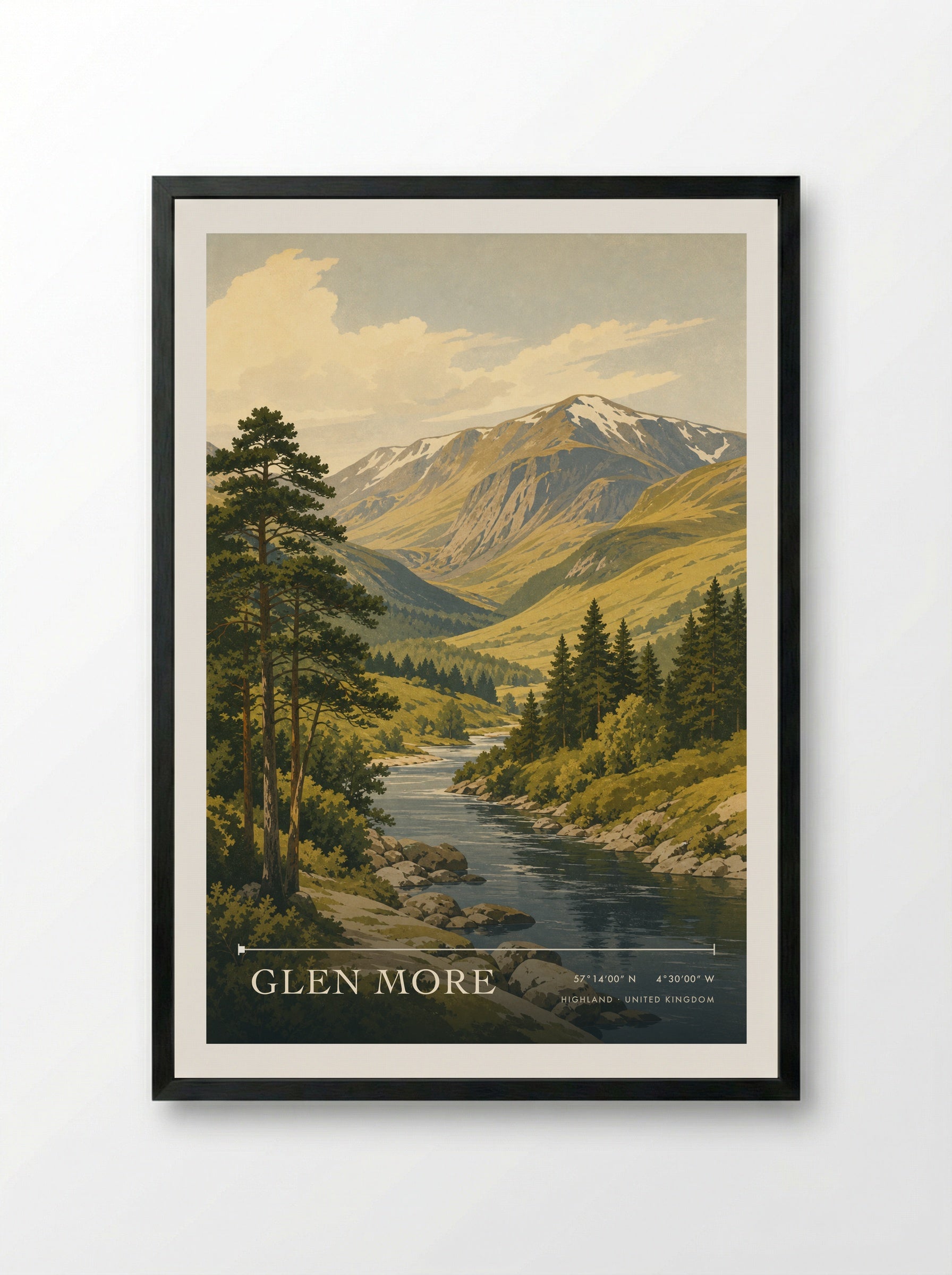 Glen More Highland United Kingdom Travel Poster - Framed Print Black
