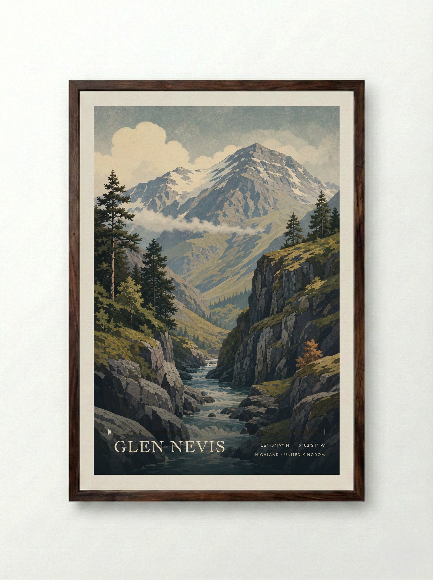 Glen Nevis Highland United Kingdom Travel Poster - Framed Print Dark Wood