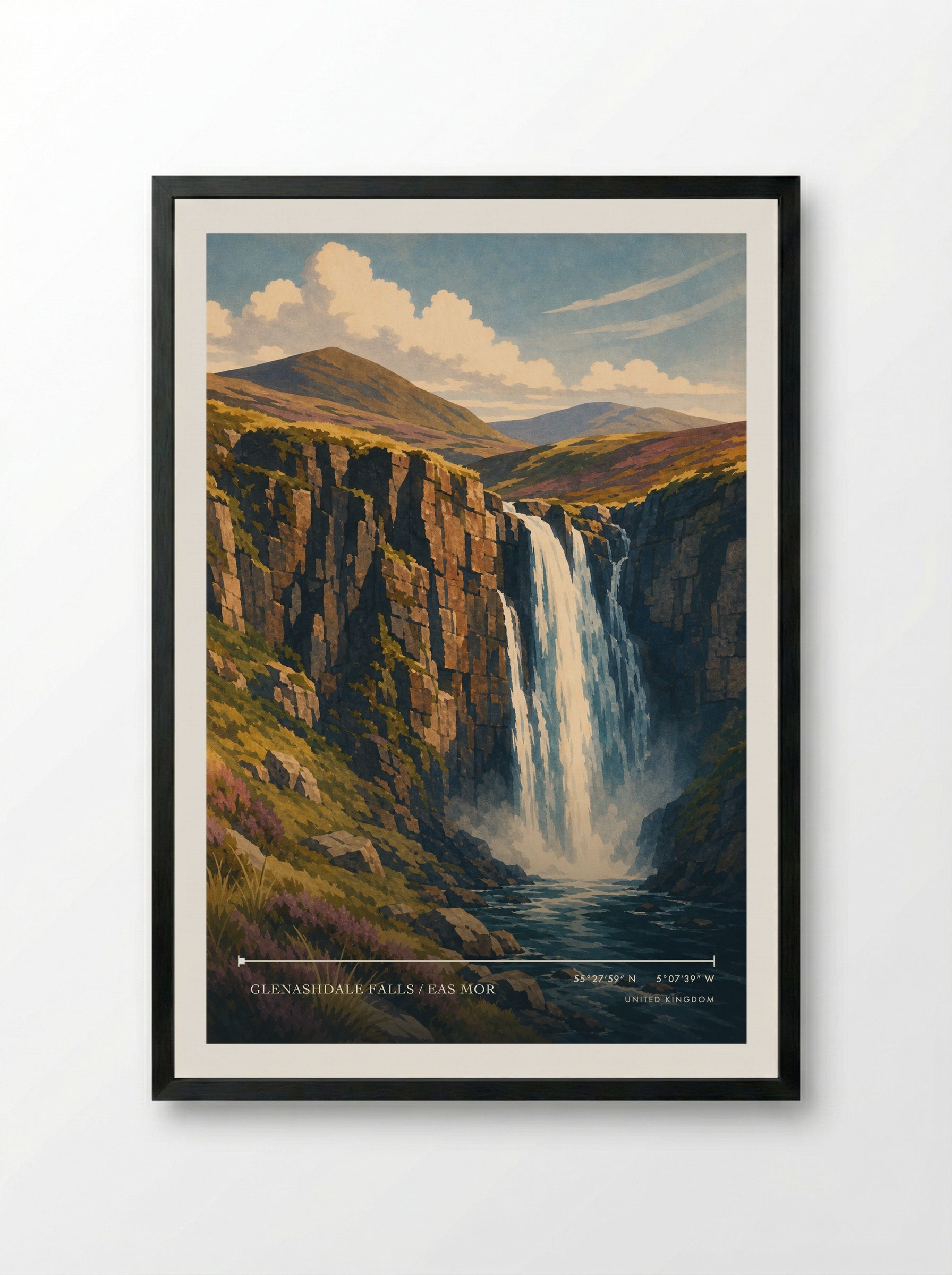 Glenashdale Falls / Eas Mor United Kingdom Travel Poster - Framed Print Black