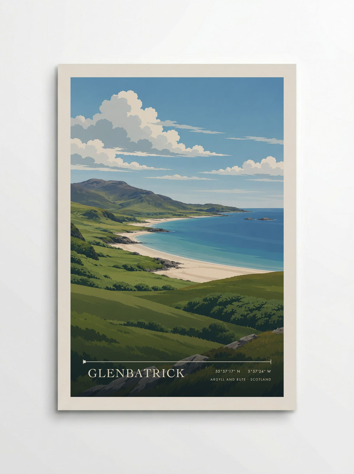 Glenbatrick, Argyll and Bute travel poster: pale sandy coves, green slopes and turquoise water beneath a broad blue and white sky