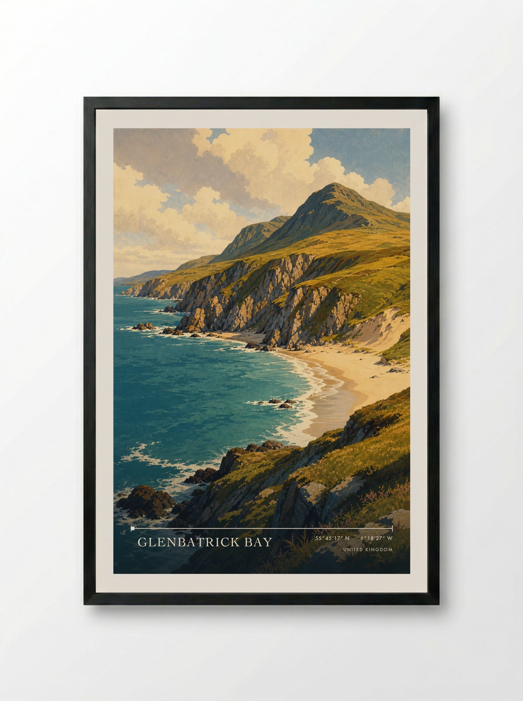 Glenbatrick Bay United Kingdom Travel Poster - Framed Print Black