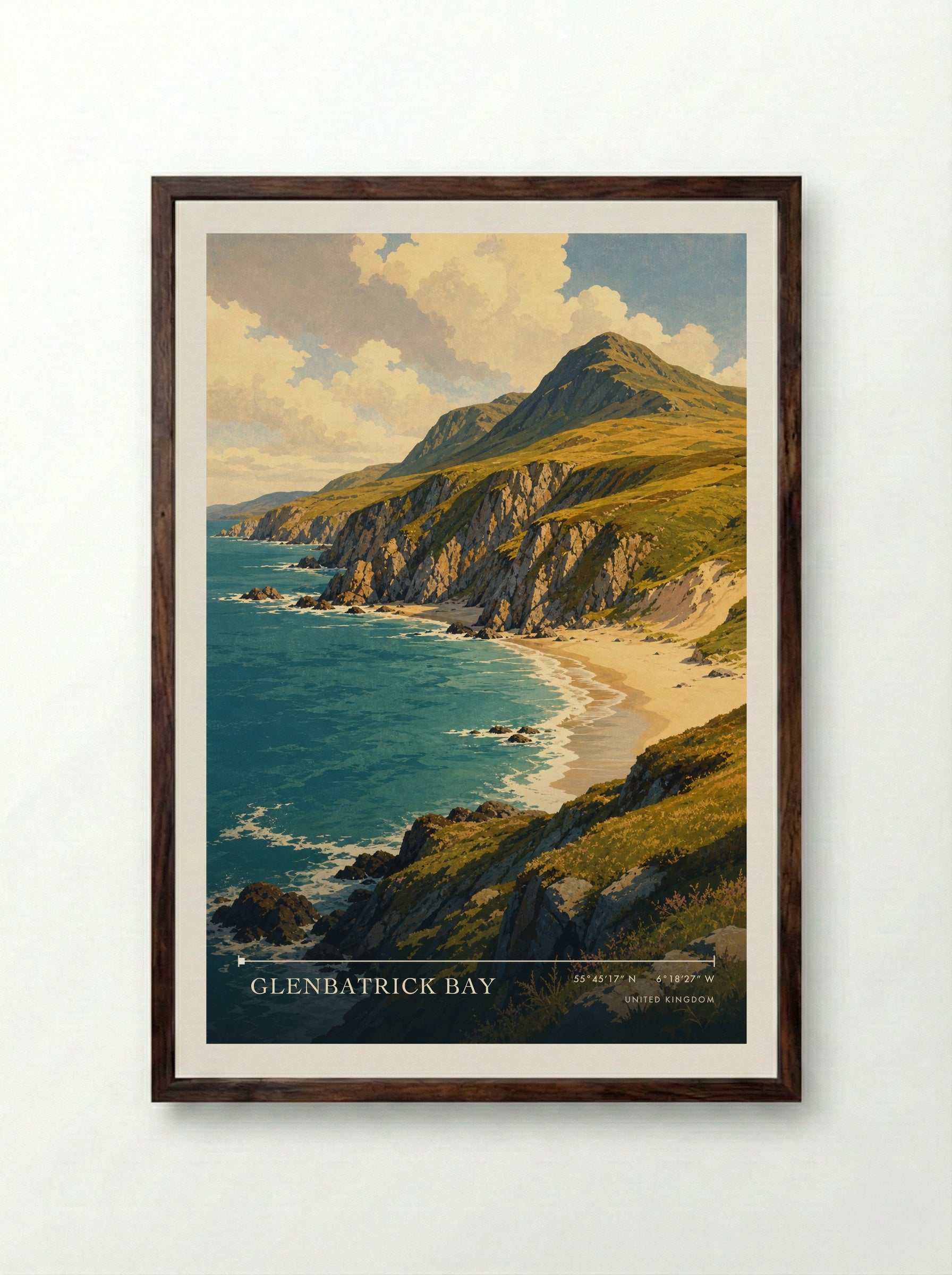 Glenbatrick Bay United Kingdom Travel Poster - Framed Print Dark Wood