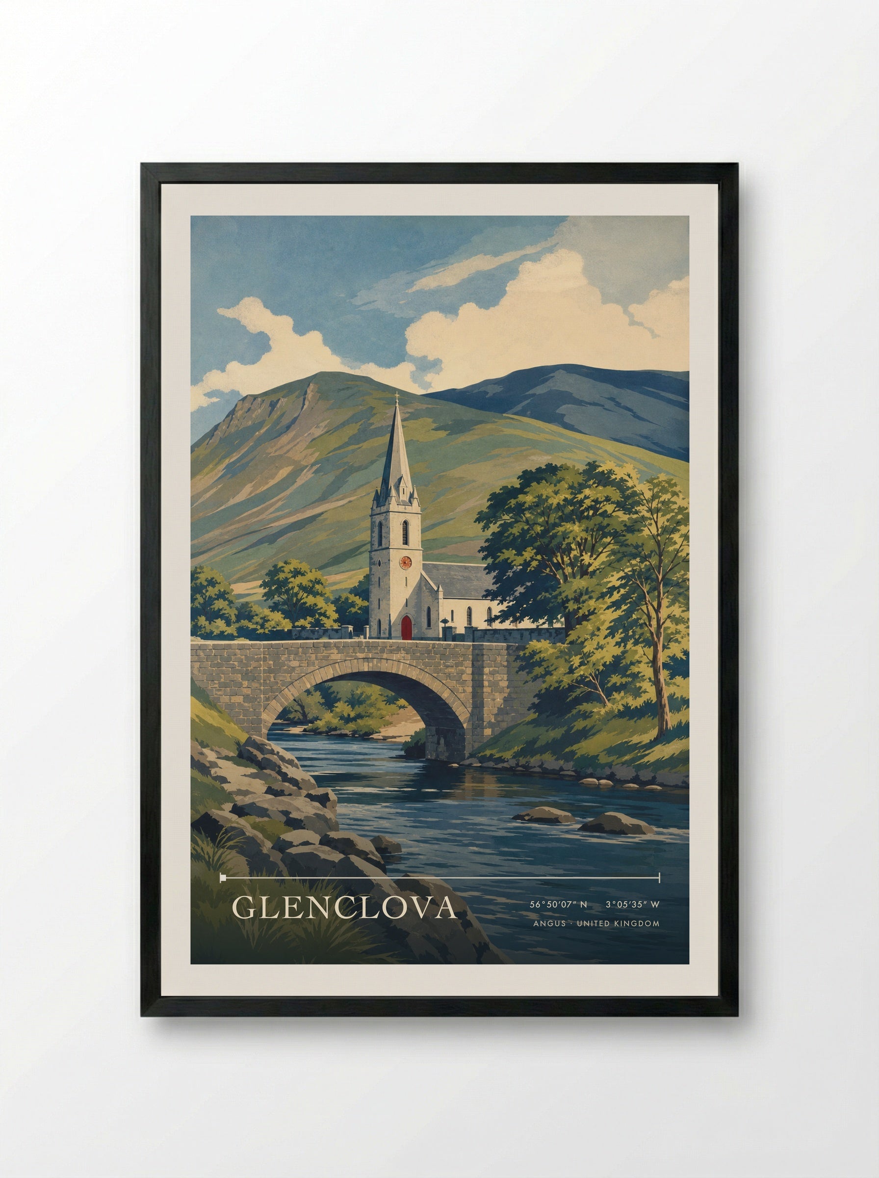 Glenclova Angus United Kingdom Travel Poster - Framed Print Black