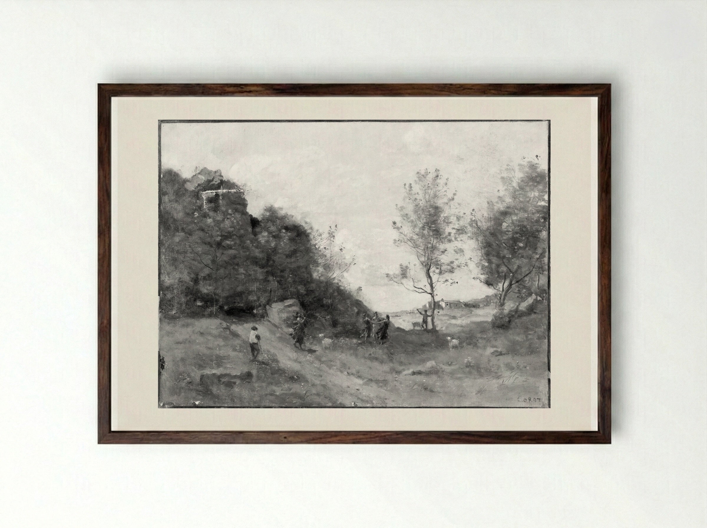 Goatherd in a Landscape - Jean-Baptiste-Camille Corot - Framed Print Dark Wood