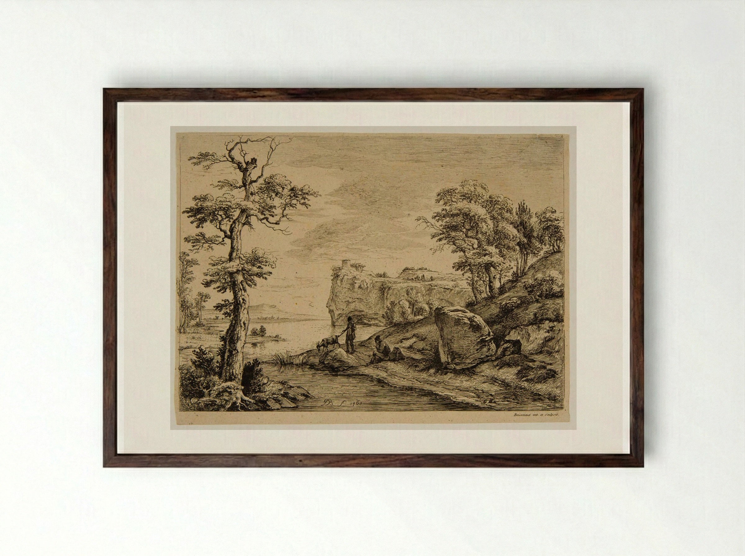 Goatherds and Goat Near a River - Jean-Jacques de Boissieu - Framed Print Dark Wood