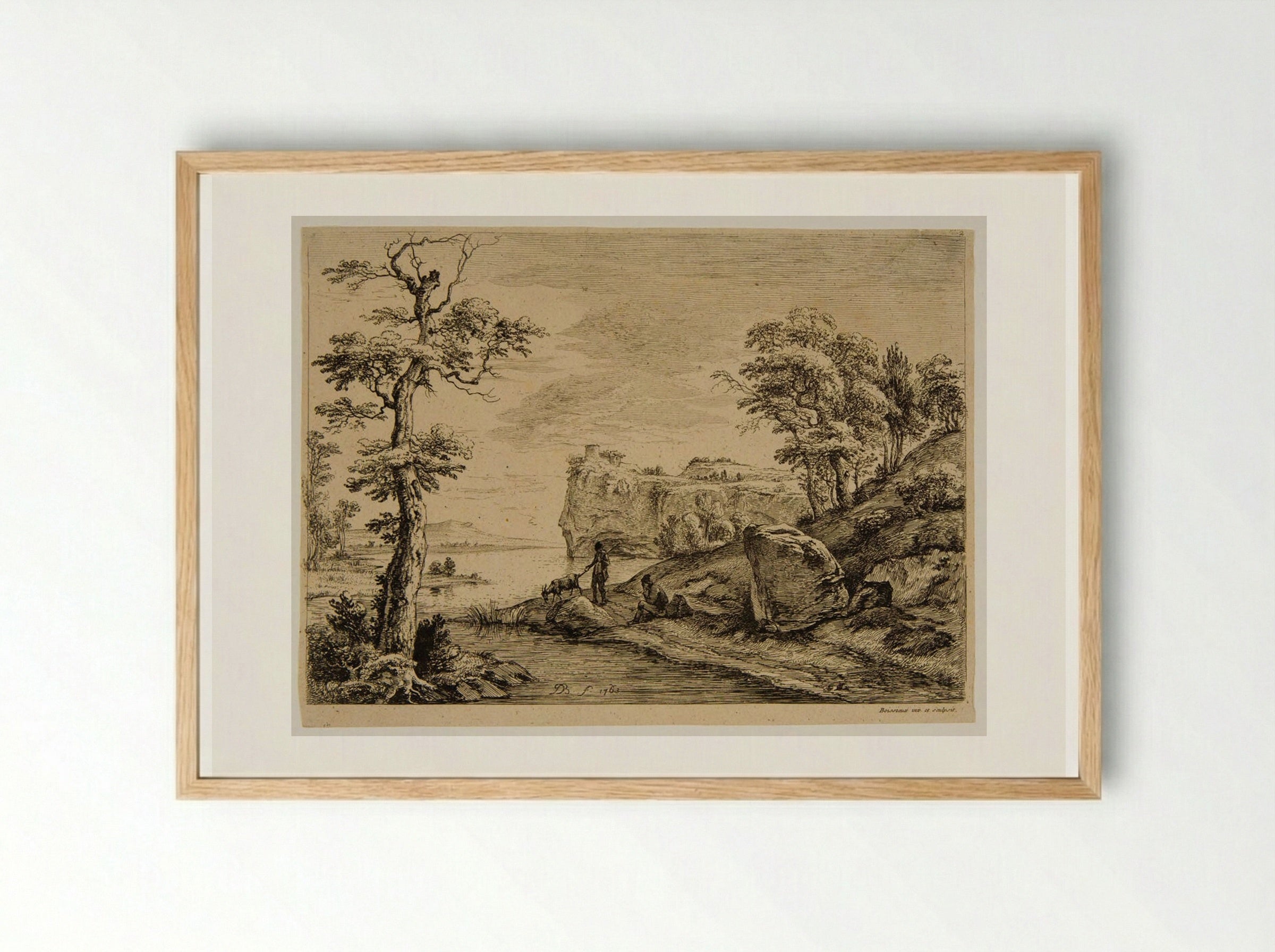 Goatherds and Goat Near a River - Jean-Jacques de Boissieu - Framed Print Wood