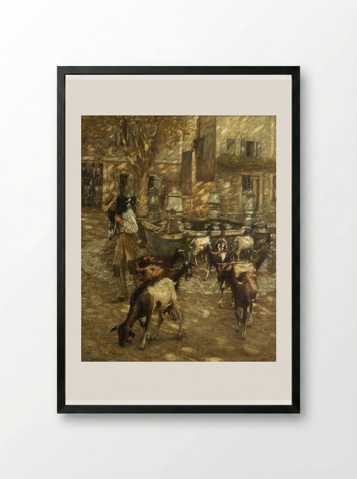 Goats at a Fountain - Henry Herbert La Thangue - Framed Print Black