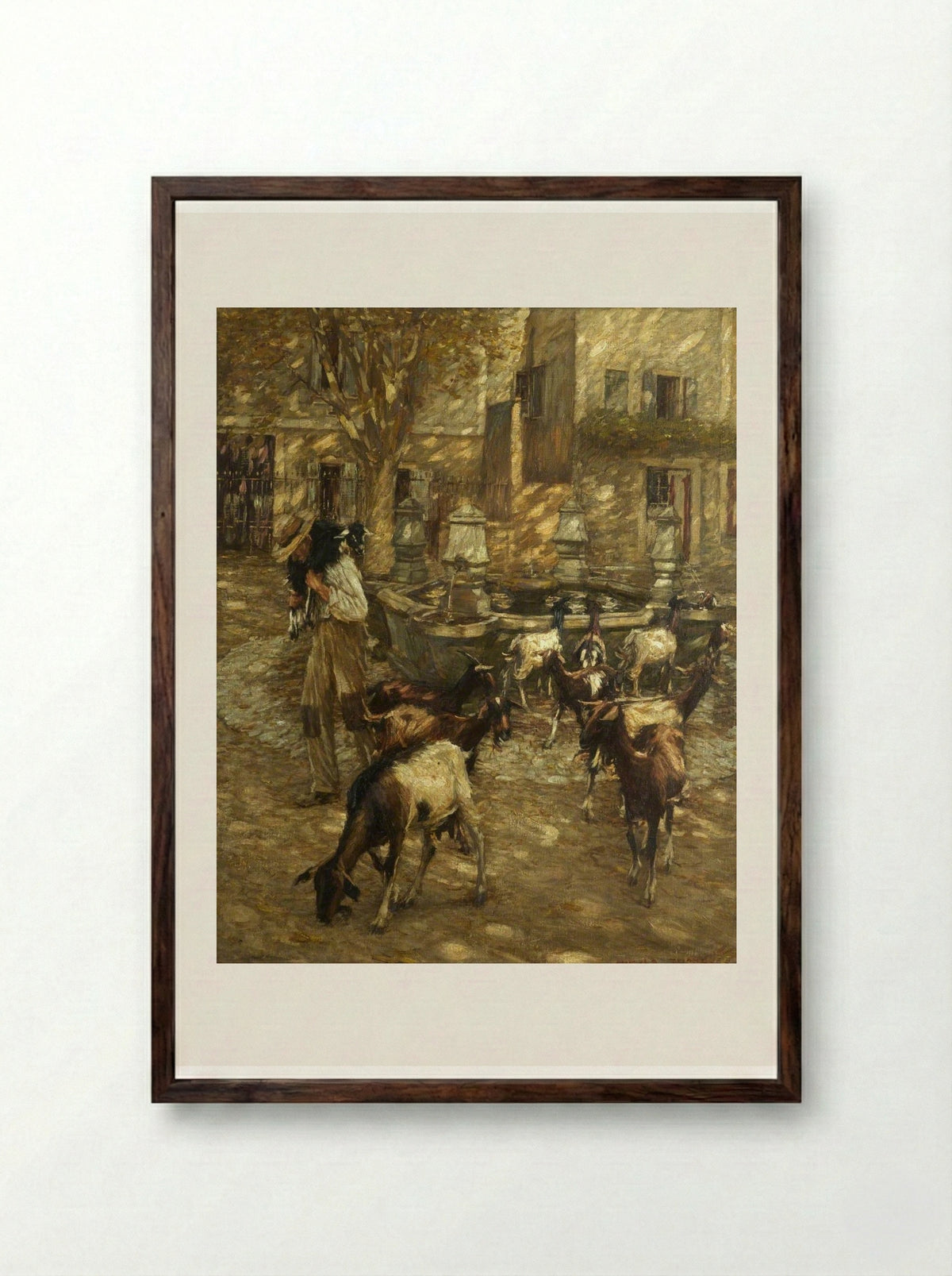 Goats at a Fountain - Henry Herbert La Thangue - Framed Print Dark Wood