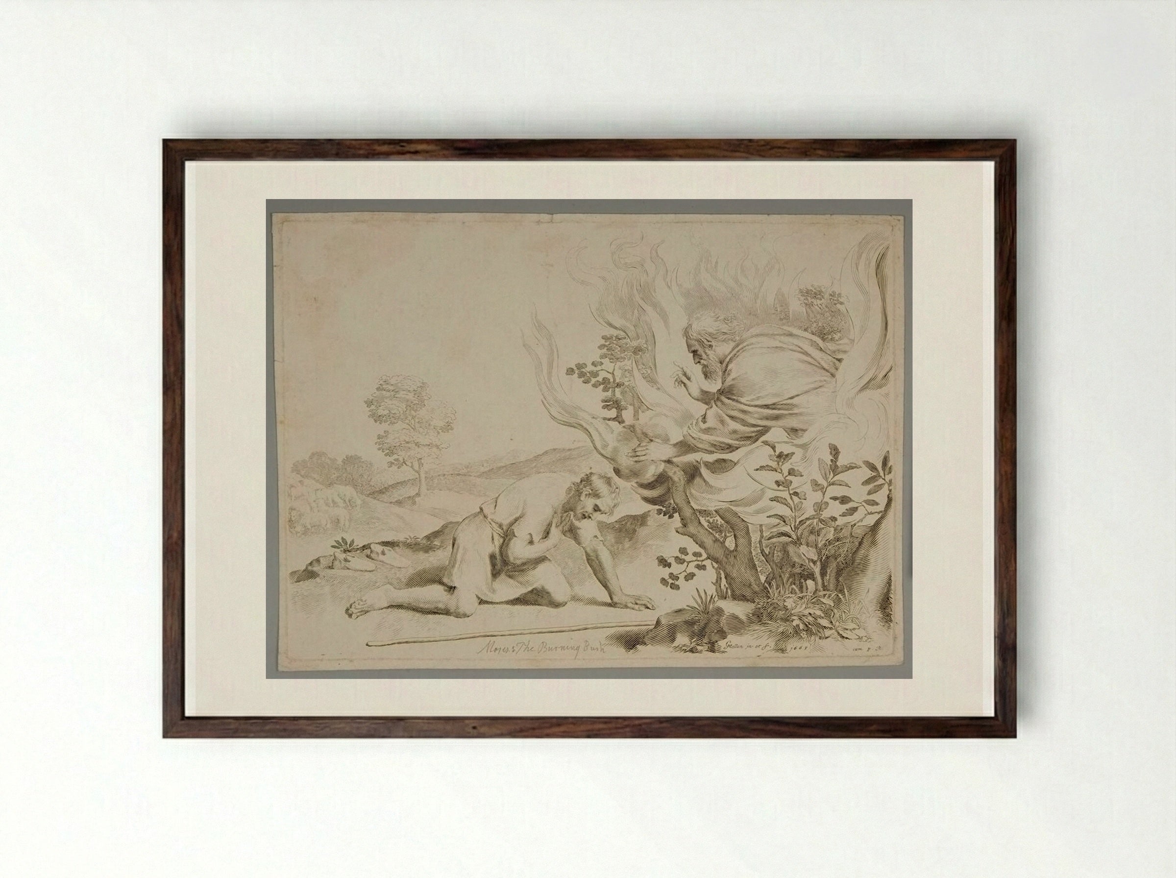 God Appearing to Moses in the Burning Bush - Claude Mellan - Framed Print Dark Wood