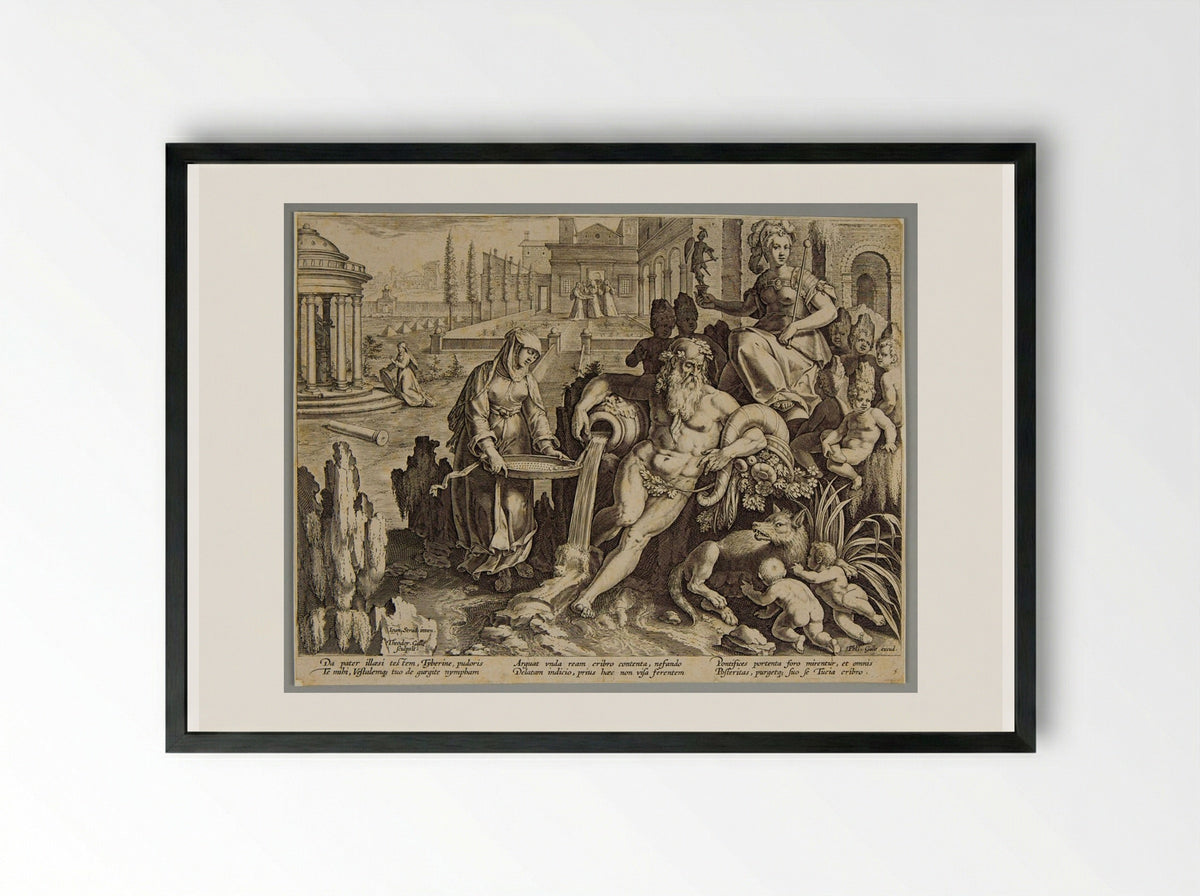 God Tiber and Vestal Virgin Tuccia - Theodoor Galle - Framed Print Black