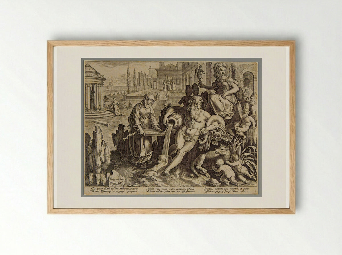 God Tiber and Vestal Virgin Tuccia - Theodoor Galle - Framed Print Wood
