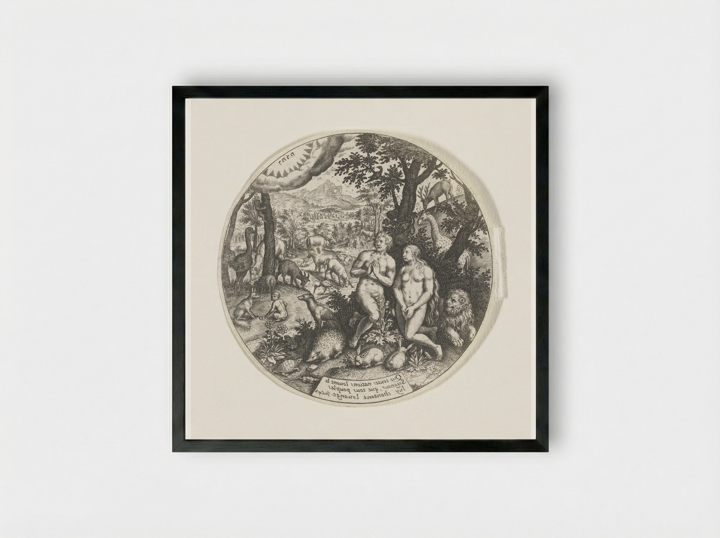 God spreekt met Adam en Eva in het Paradijs - Johann Theodor de Bry - Framed Print Black