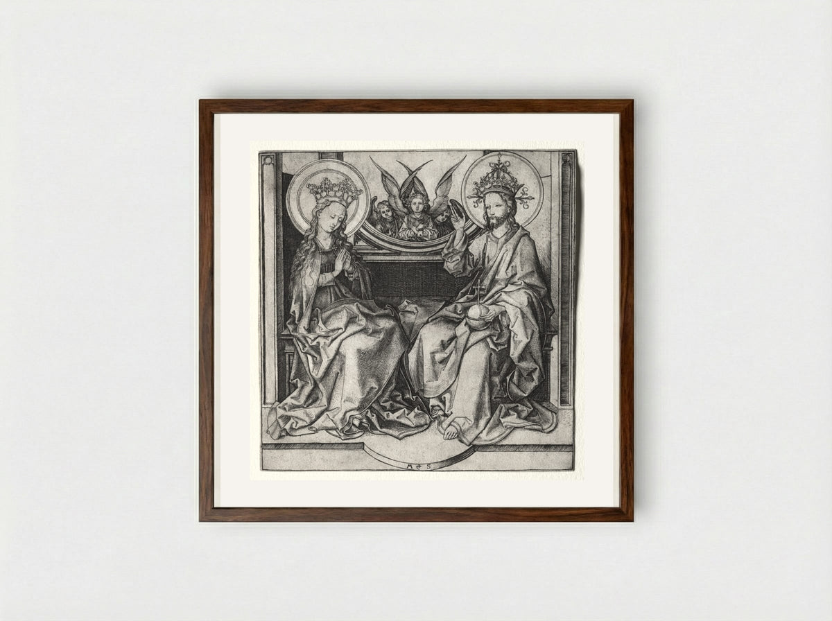 God the Father and the Blessed Virgin Enthroned Attended by Angels - Martin Schongauer - Framed Print Dark Wood