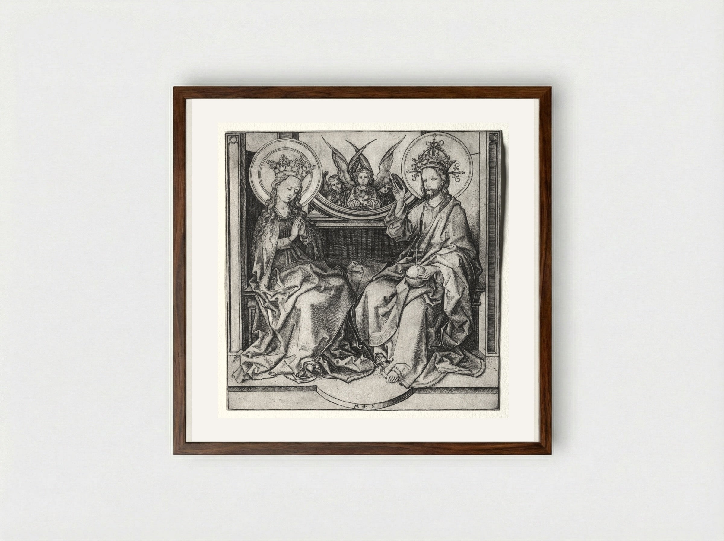 God the Father and the Blessed Virgin Enthroned Attended by Angels - Martin Schongauer - Framed Print Dark Wood