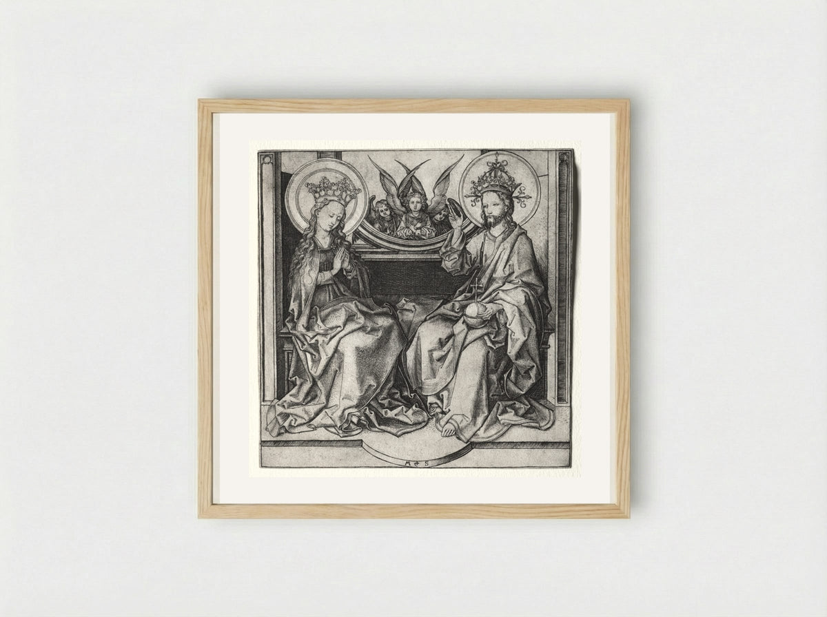 God the Father and the Blessed Virgin Enthroned Attended by Angels - Martin Schongauer - Framed Print Wood