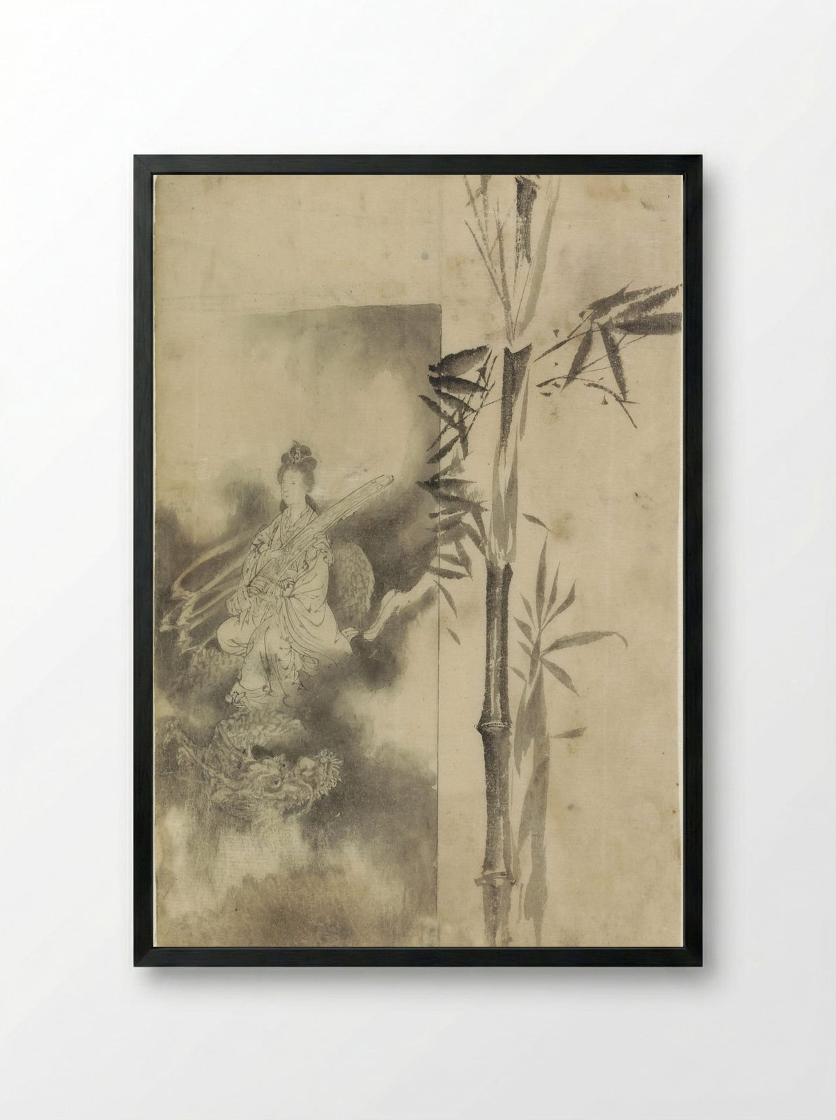 Goddess on a Dragon and Bamboo Stalk - Yamamoto Baiitsu - Framed Print Black