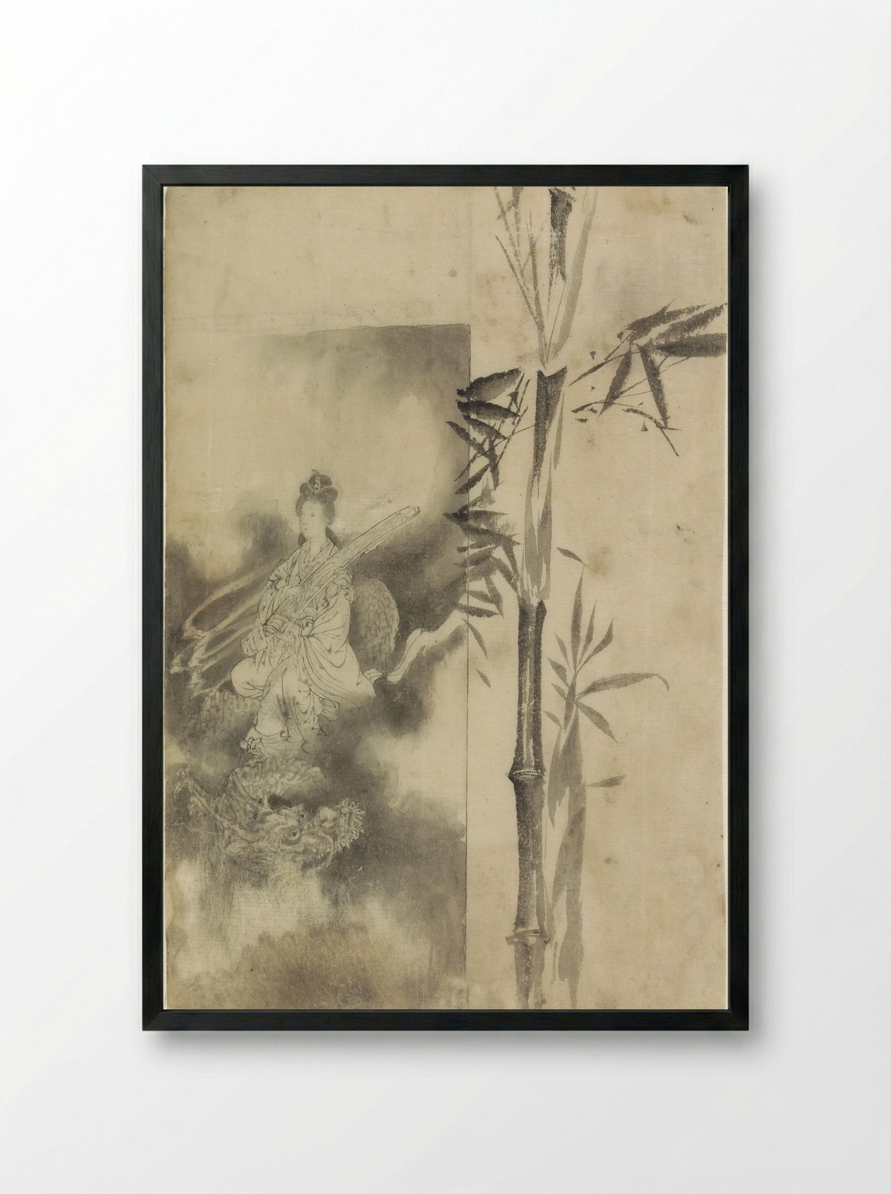 Goddess on a Dragon and Bamboo Stalk - Yamamoto Baiitsu - Framed Print Black