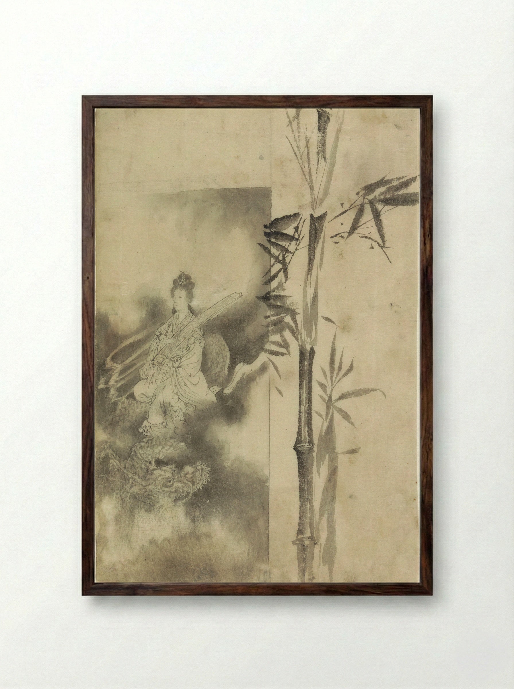 Goddess on a Dragon and Bamboo Stalk - Yamamoto Baiitsu - Framed Print Dark Wood