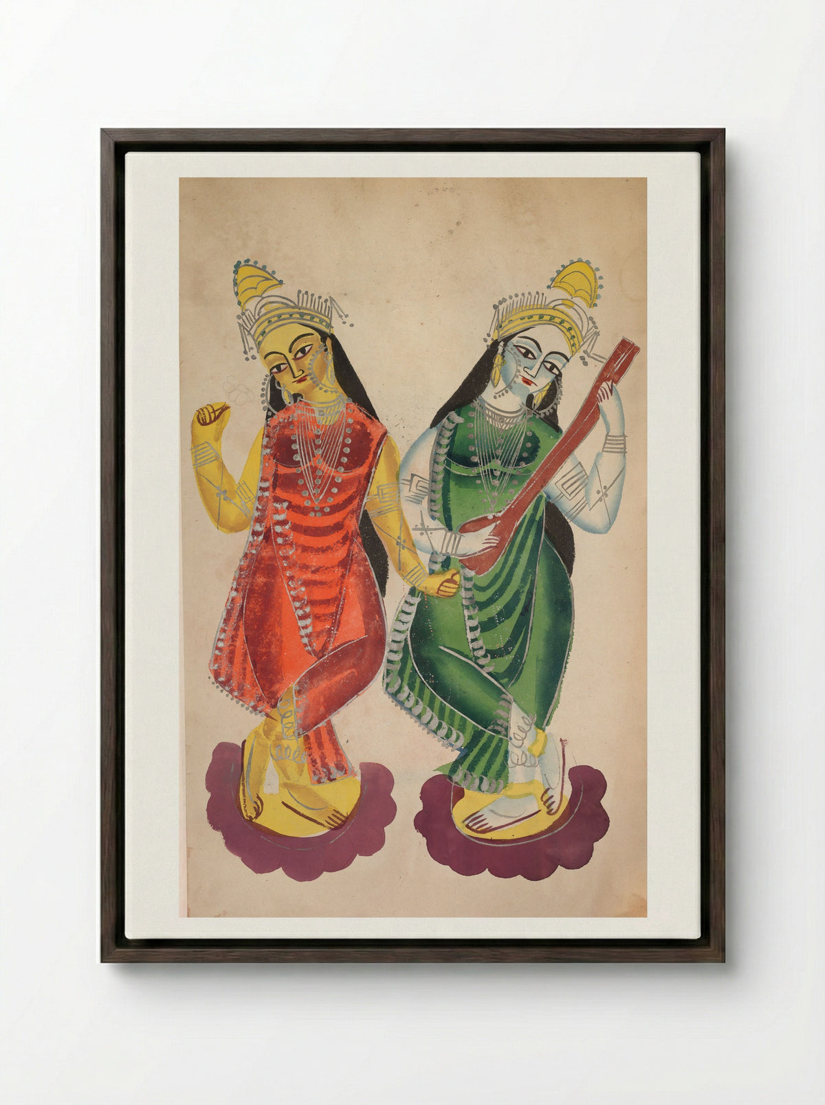 Goddesses Lakshmi and Sarasvati - Kalighat School - Framed Canvas Dark Wood