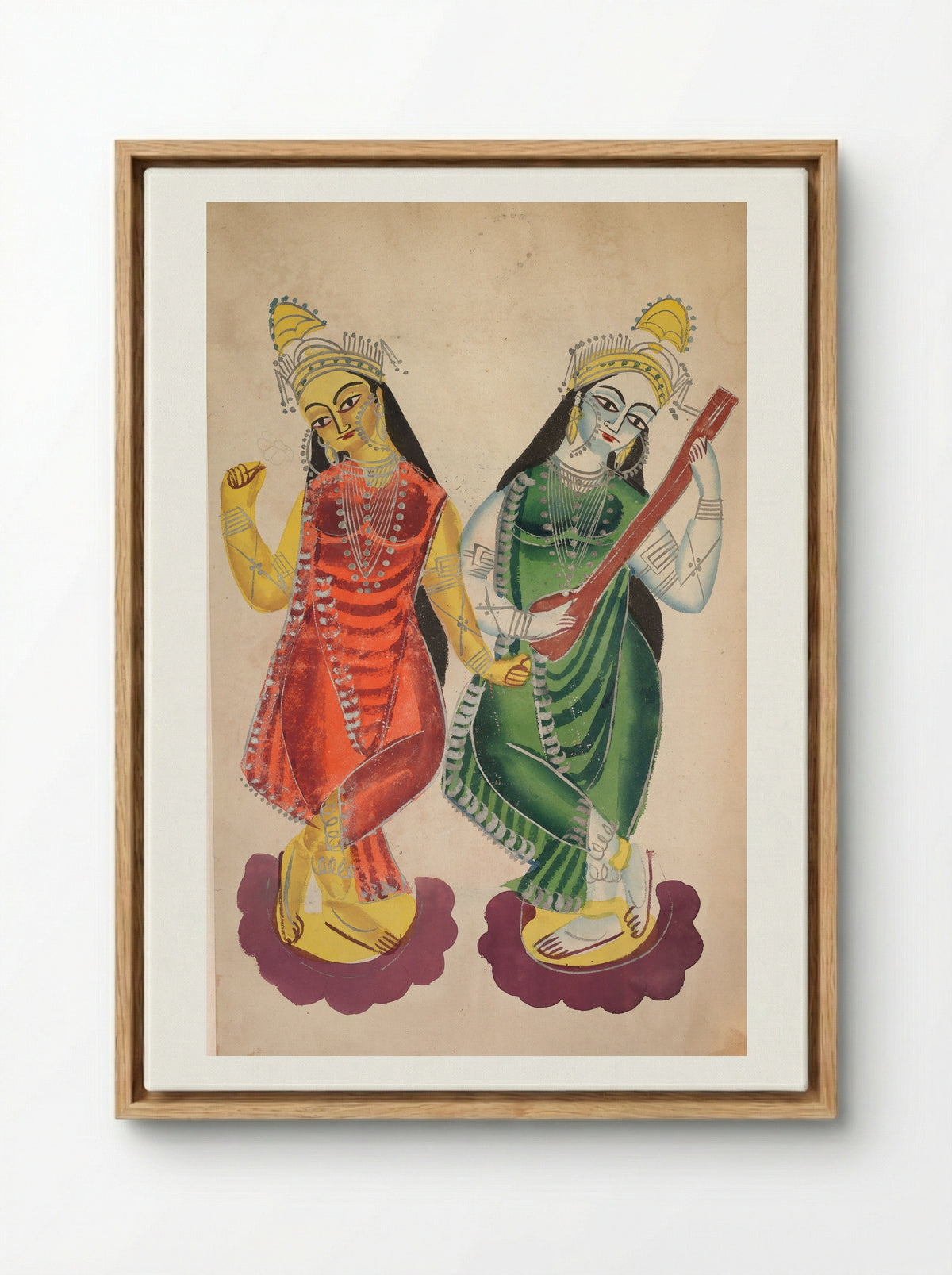 Goddesses Lakshmi and Sarasvati - Kalighat School - Framed Canvas Wood