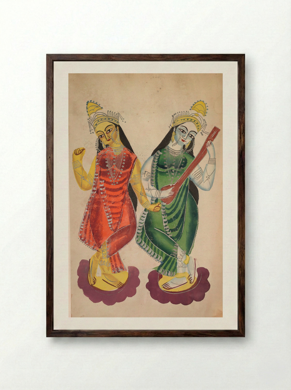 Goddesses Lakshmi and Sarasvati - Kalighat School - Framed Print Dark Wood