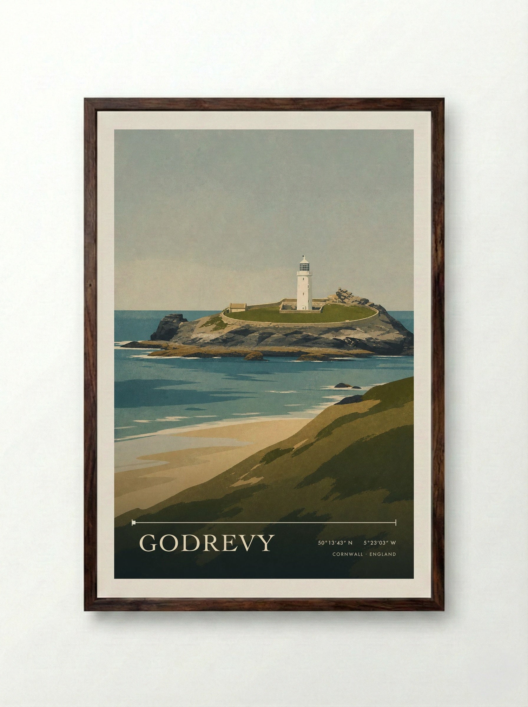 Godrevy Cornwall England Travel Poster - Framed Print Dark Wood