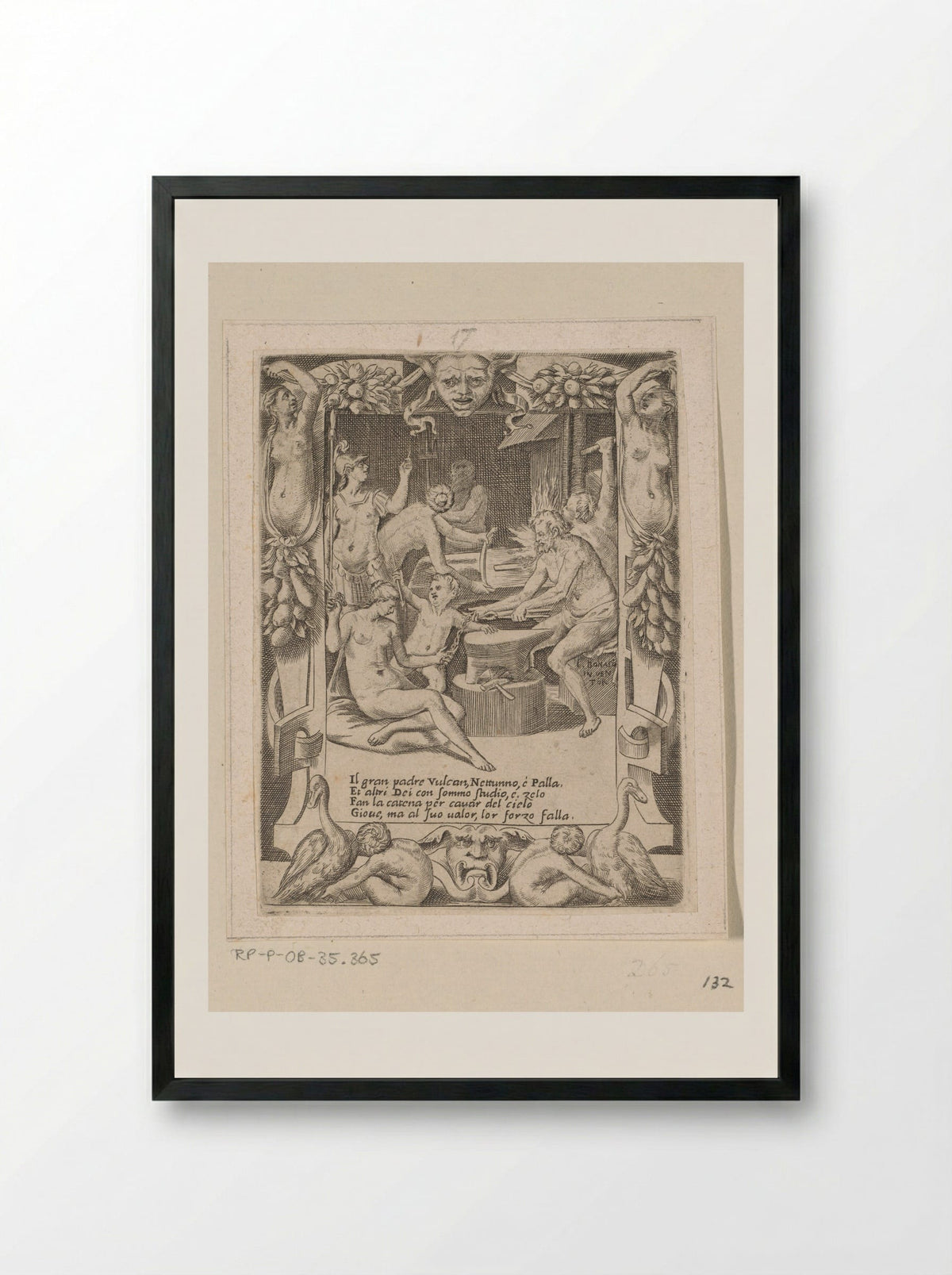 Gods Forging Chains to Pull Jupiter from the Heavens - Giulio Bonasone - Framed Print Black