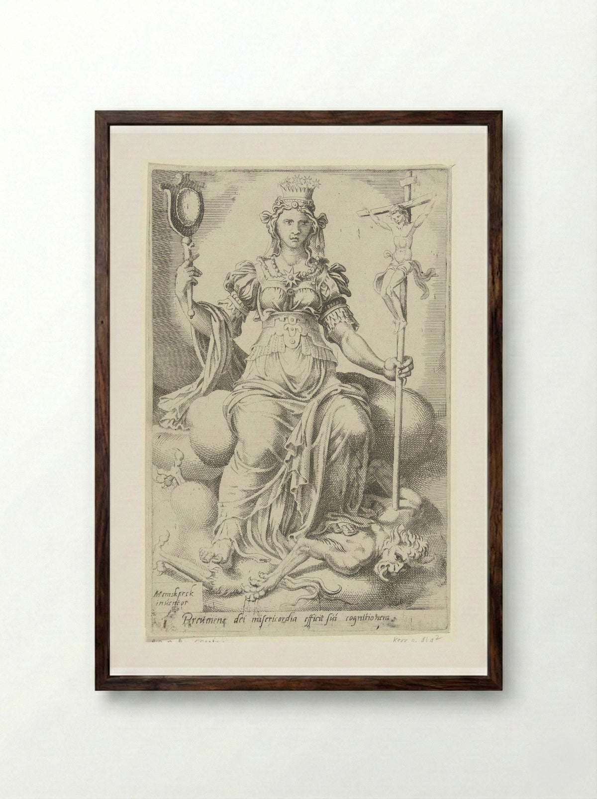 Gods genade zegeviert over de duivel en brengt zelfkennis voort - Dirck Volckertsz. Coornhert - Framed Print Dark Wood