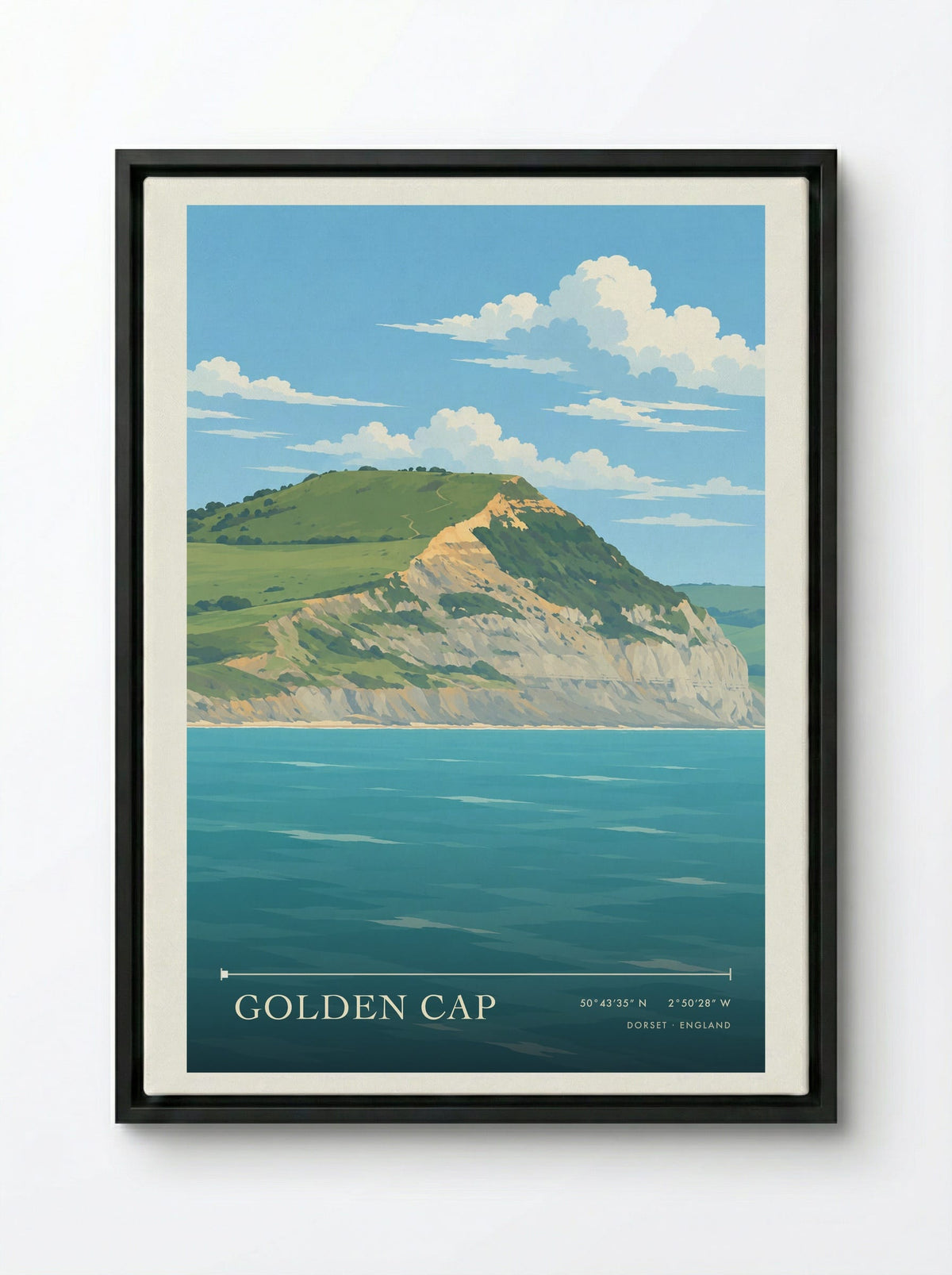 Golden Cap Dorset | Travel Poster - Framed Canvas Black