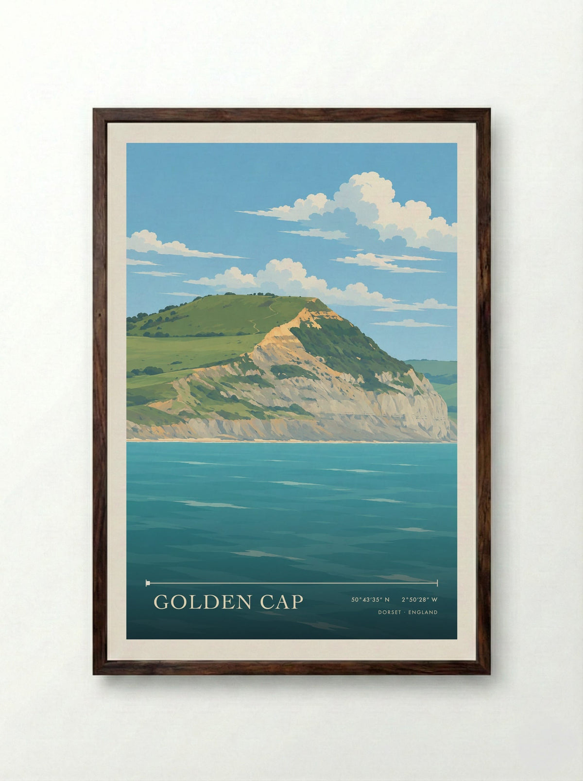 Golden Cap Dorset | Travel Poster - Framed Print Dark Wood