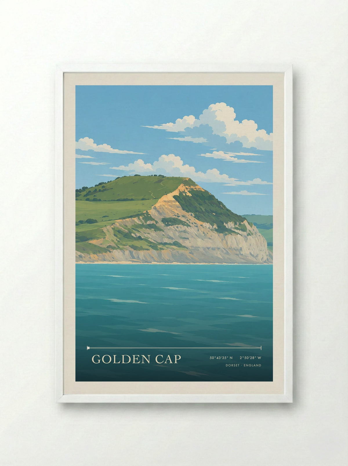 Golden Cap Dorset | Travel Poster - Framed Print White