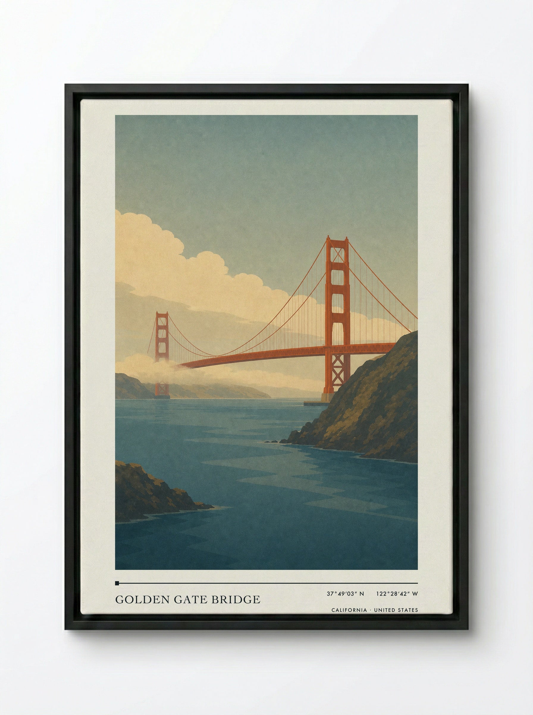 Golden Gate Bridge Travel Poster Artwork - Framed Canvas Black