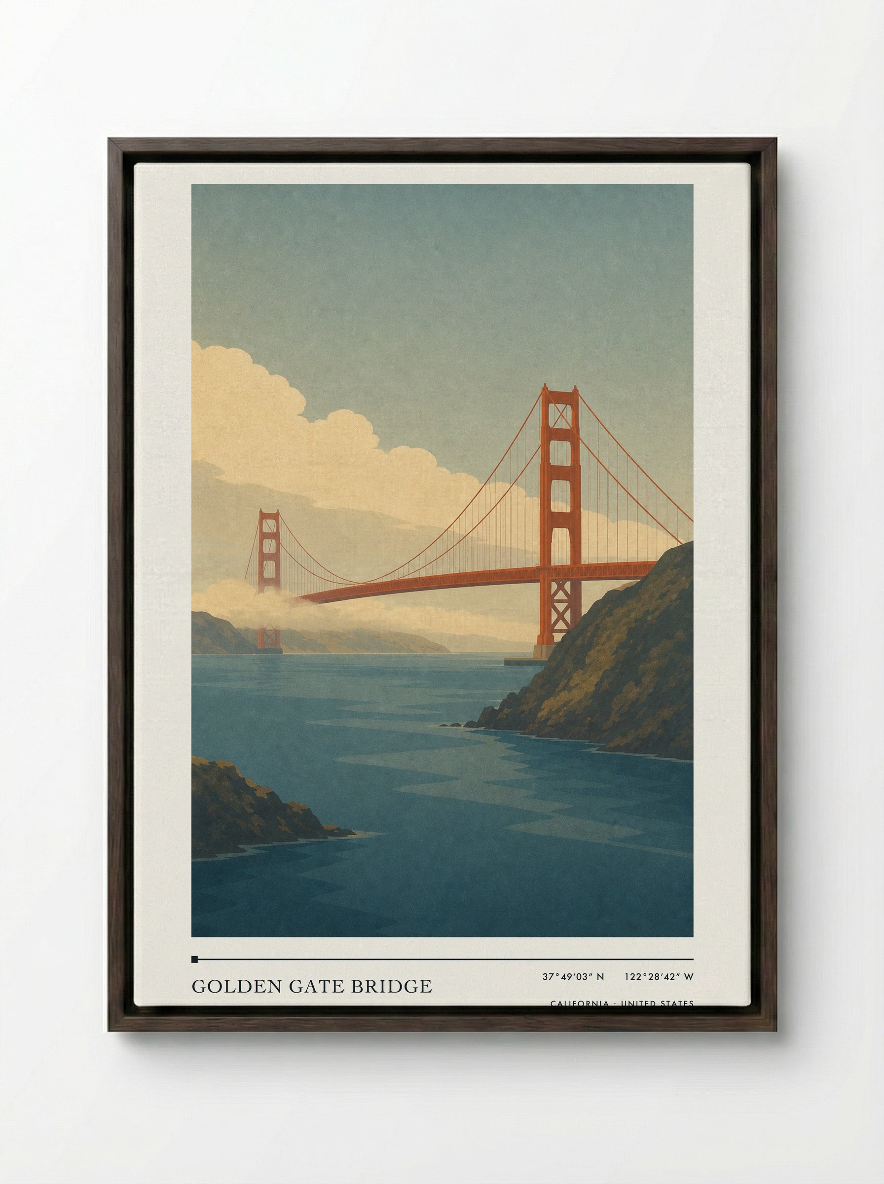 Golden Gate Bridge Travel Poster Artwork - Framed Canvas Dark Wood