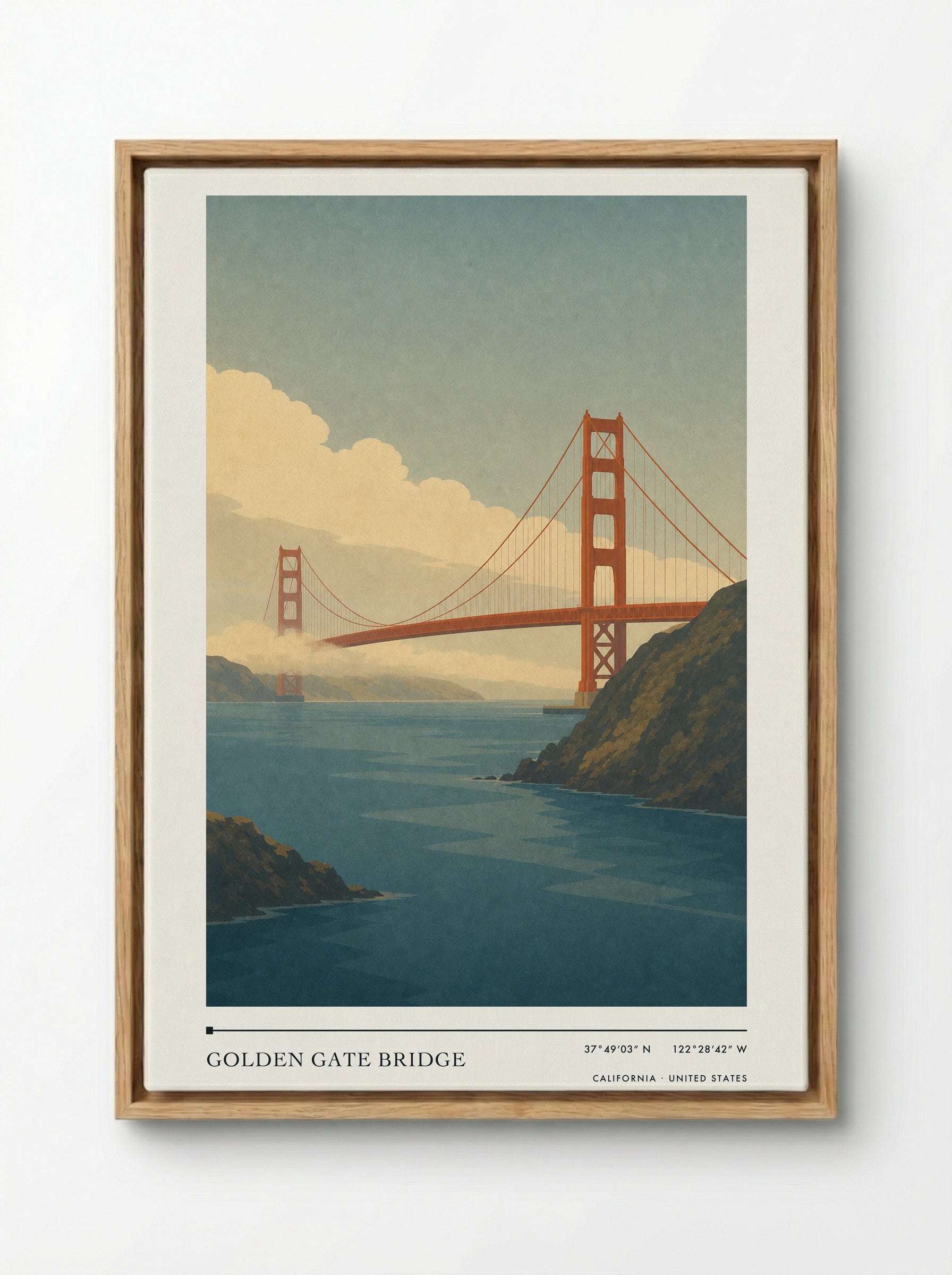 Golden Gate Bridge Travel Poster Artwork - Framed Canvas Wood