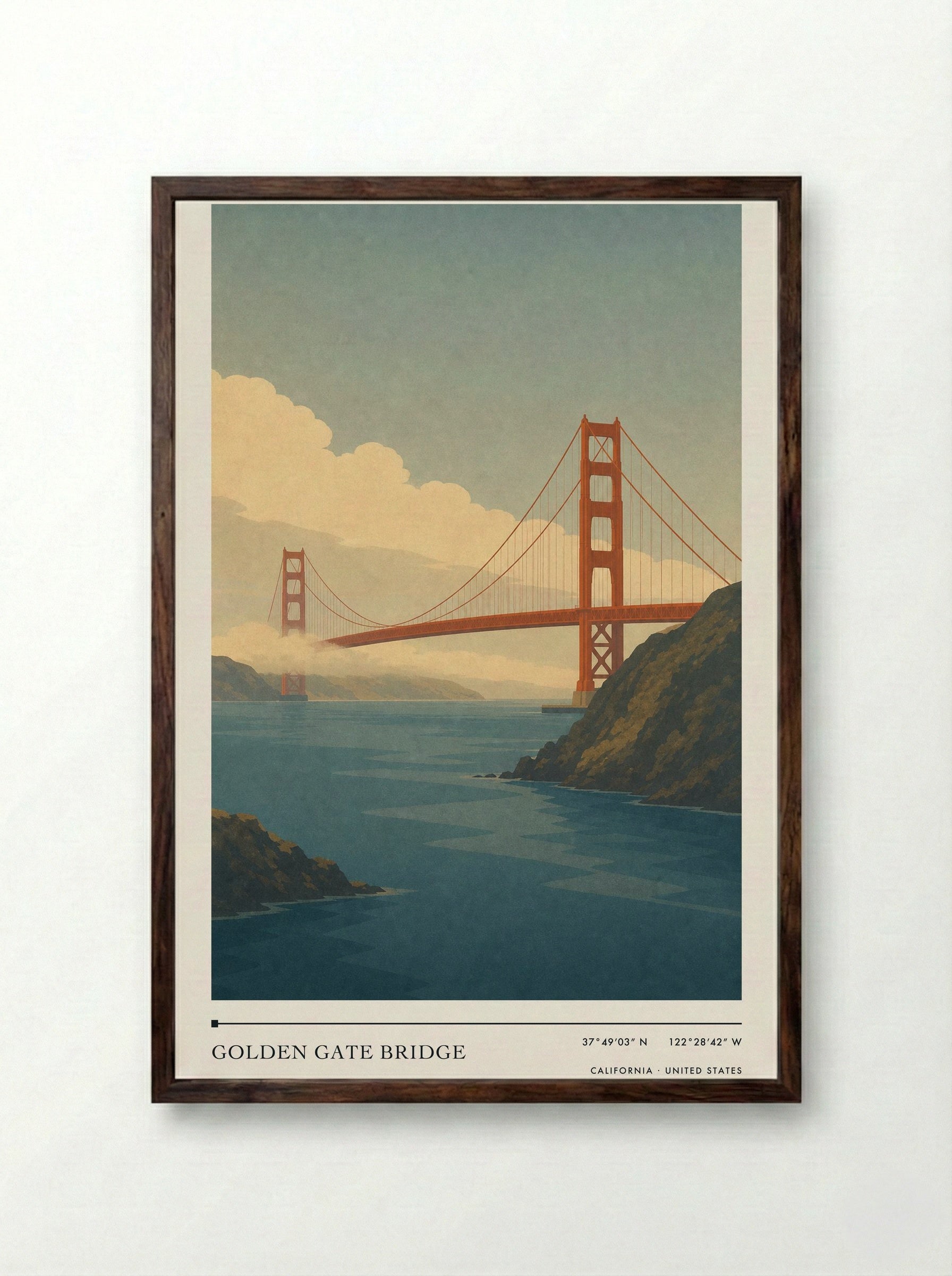 Golden Gate Bridge Travel Poster Artwork - Framed Print Dark Wood