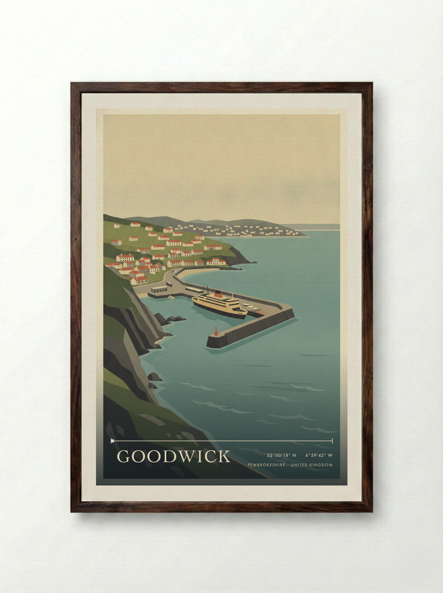 Goodwick Pembrokeshire United Kingdom Travel Poster - Framed Print Dark Wood