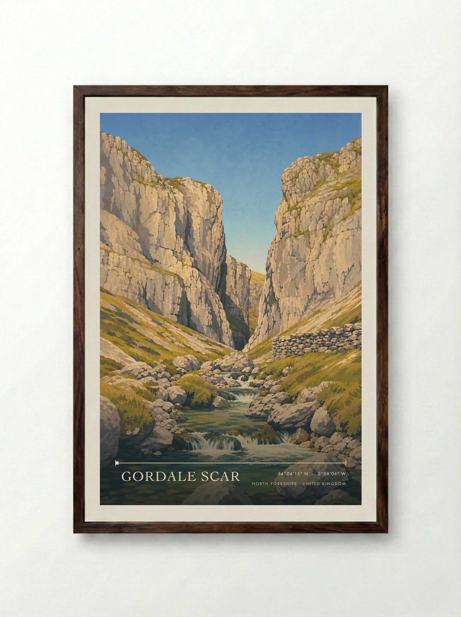 Gordale Scar North Yorkshire United Kingdom Travel Poster - Framed Print Dark Wood
