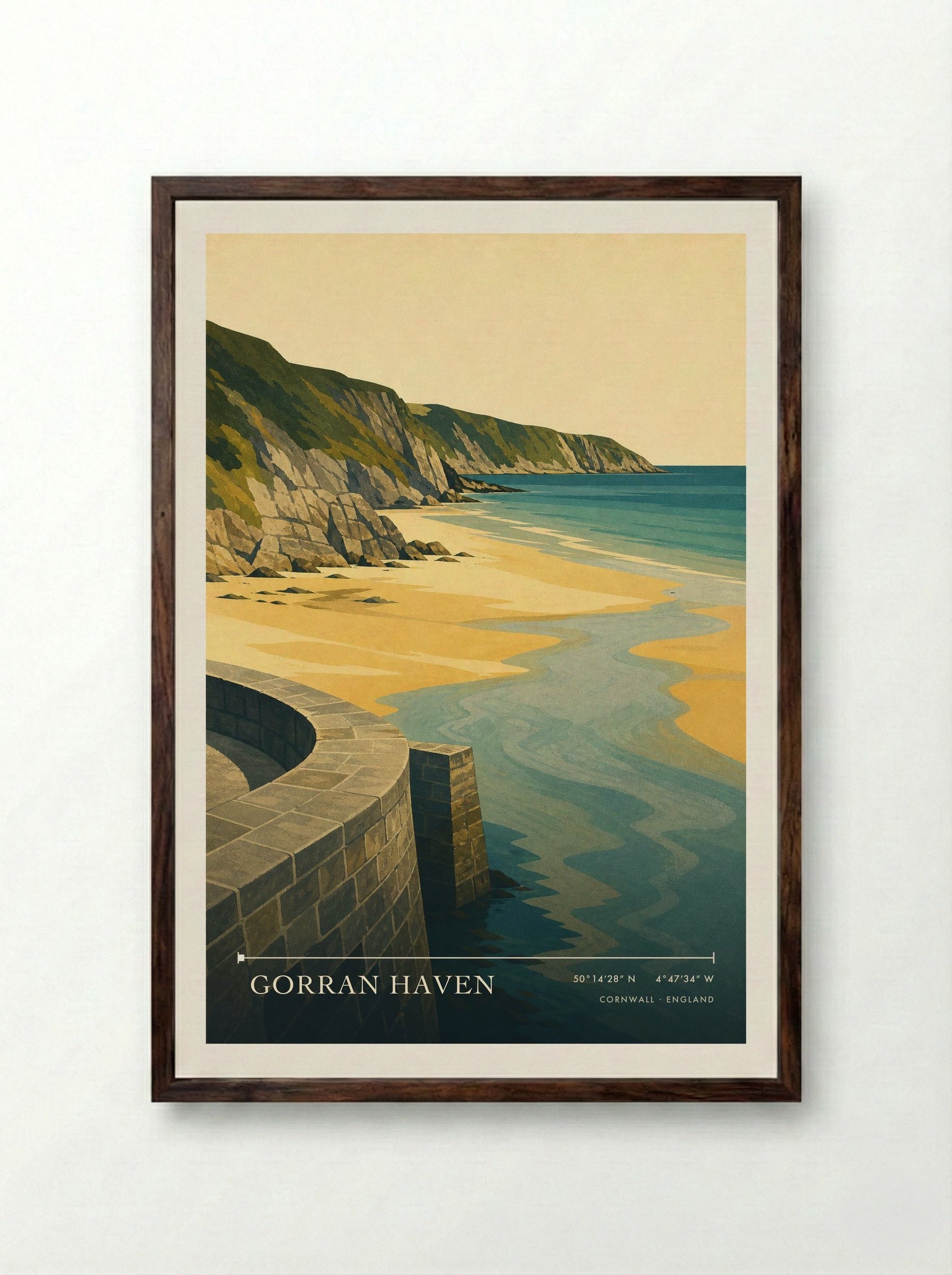 Gorran Haven Cornwall England Travel Poster - Framed Print Dark Wood
