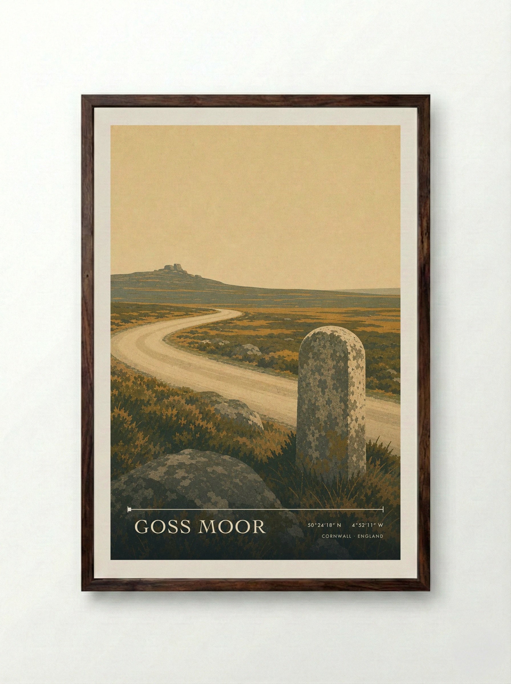 Goss Moor Cornwall England Travel Poster - Framed Print Dark Wood
