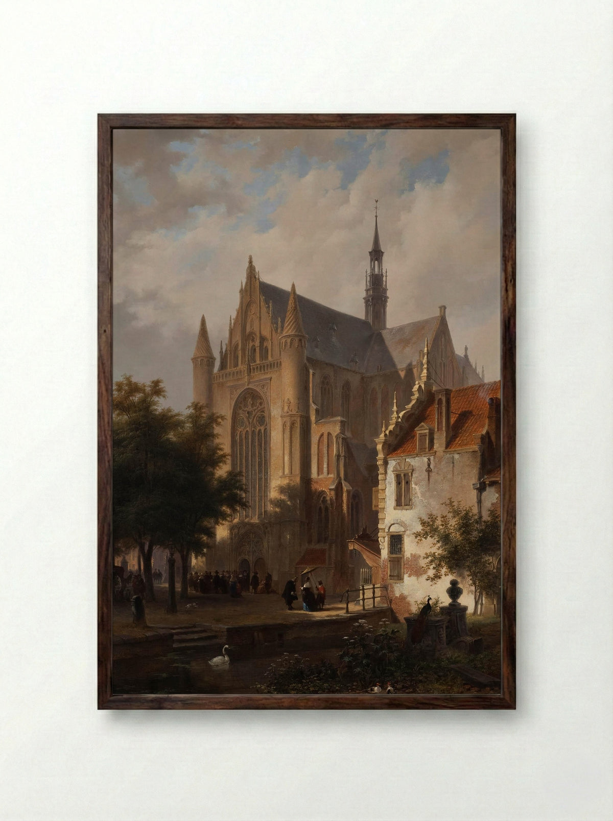 Gothic Church Exterior with Figures - Huib van Hove Bz - Framed Print Dark Wood