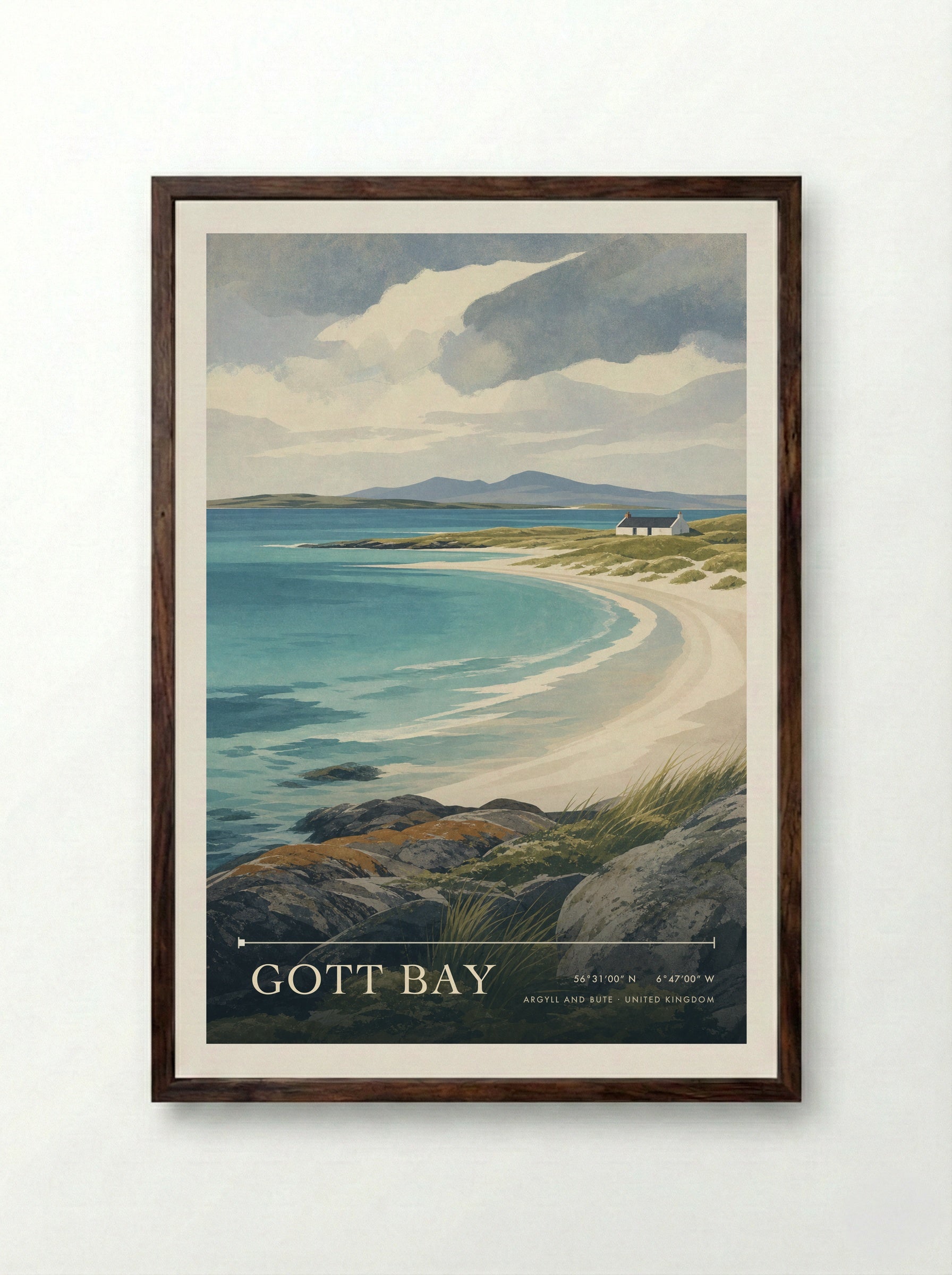Gott Bay Argyll and Bute United Kingdom Travel Poster - Framed Print Dark Wood