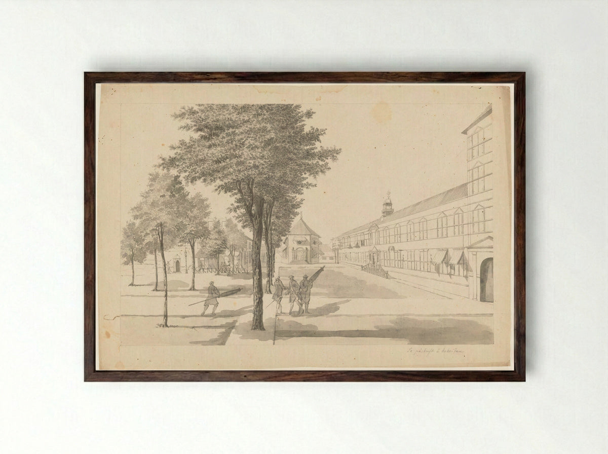 Gouvernement, kasteelkerk en dragonderwacht binnen het kasteel te Batavia - Jan Brandes - Framed Print Dark Wood