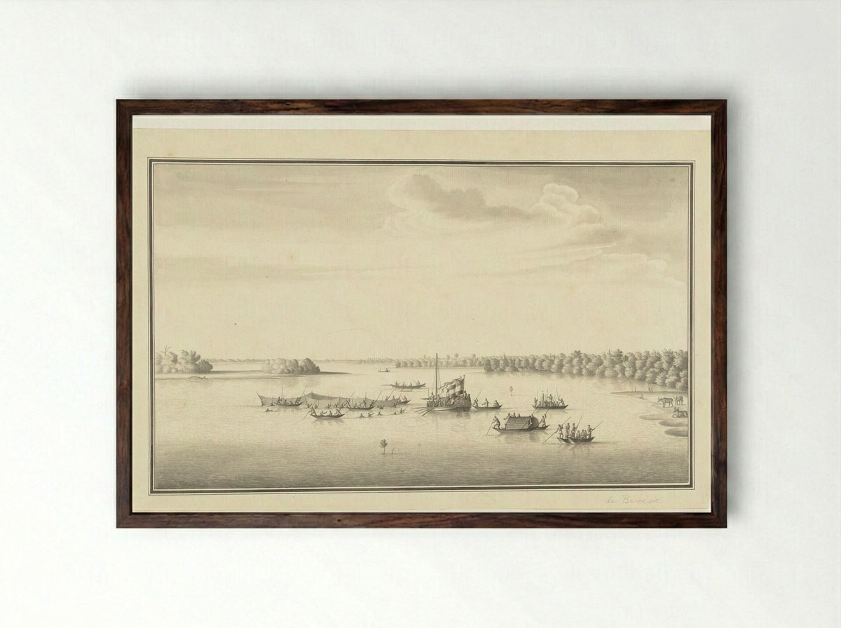 Gouverneur Loten en zijn gezelschap varend op de Lagune van Negombo - Pieter de Bevere - Framed Print Dark Wood