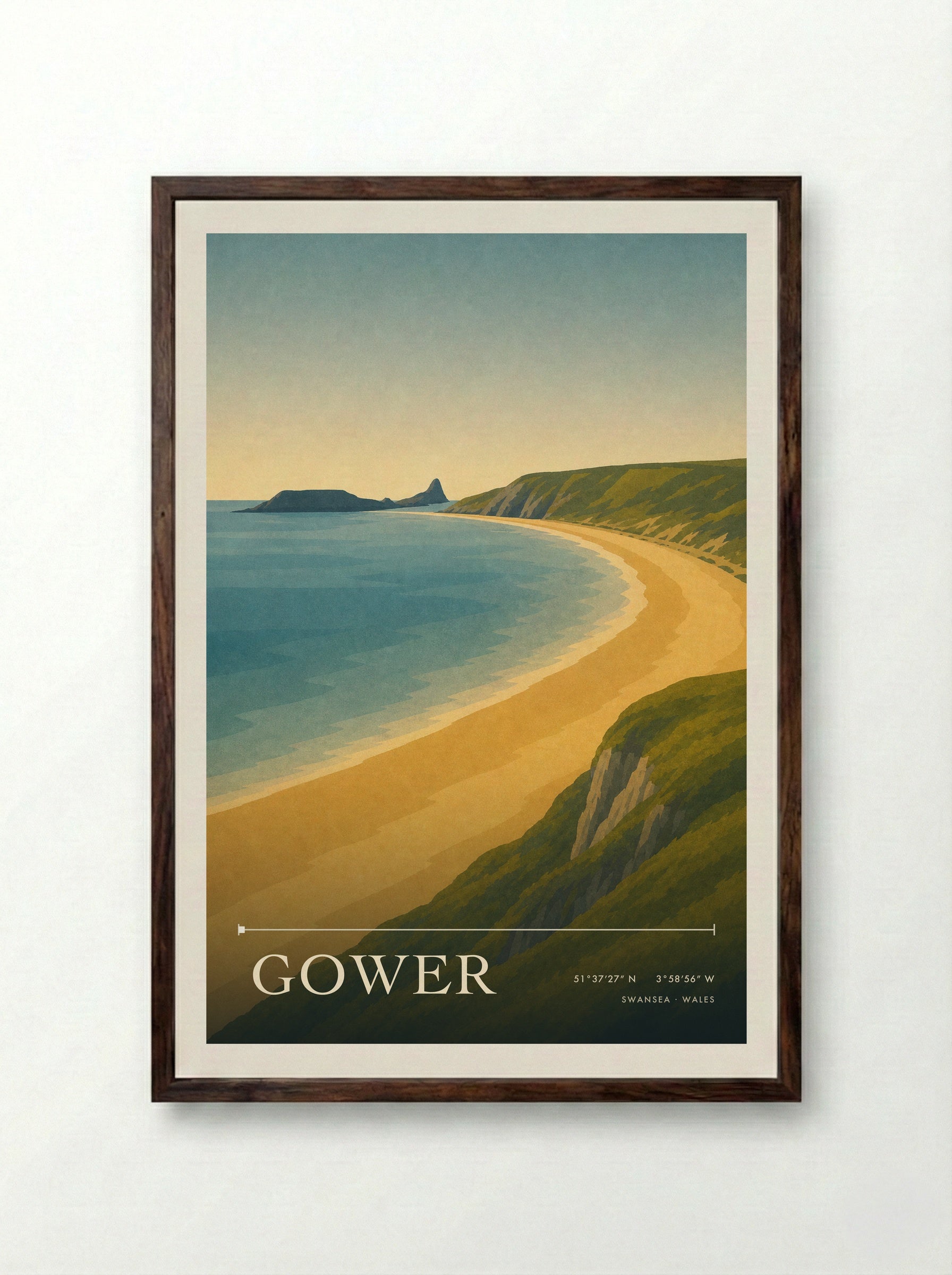 Gower Travel Poster - Framed Print Dark Wood