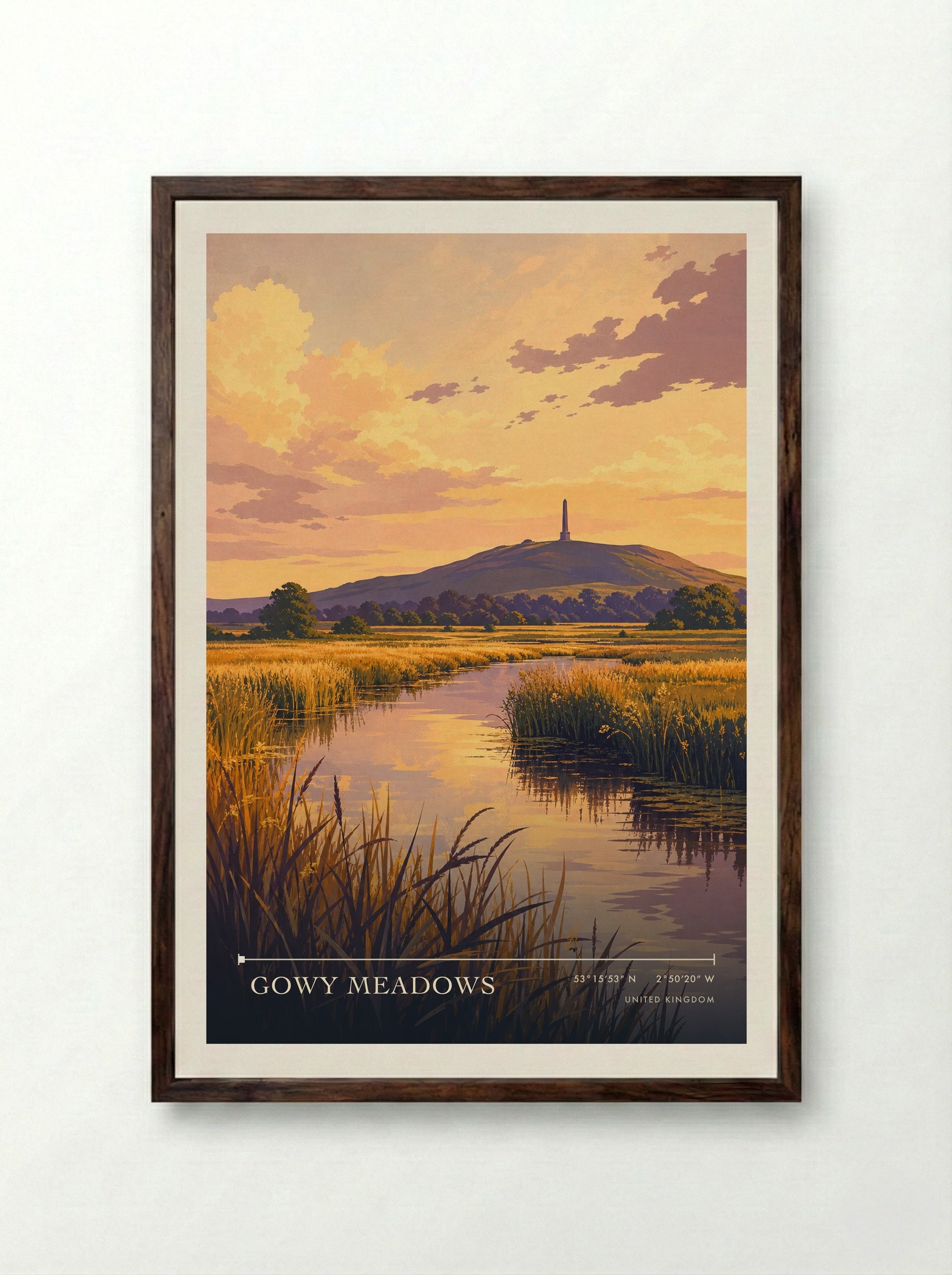 Gowy Meadows United Kingdom Travel Poster - Framed Print Dark Wood
